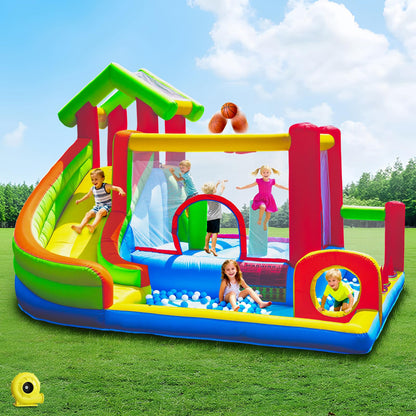 Mega Bounce House with Slide | 7-in-1 Inflatable Playground for Kids 3-10 | Giant Jump Area, Ball Pit, Basketball Hoop | Commercial-Grade Blower