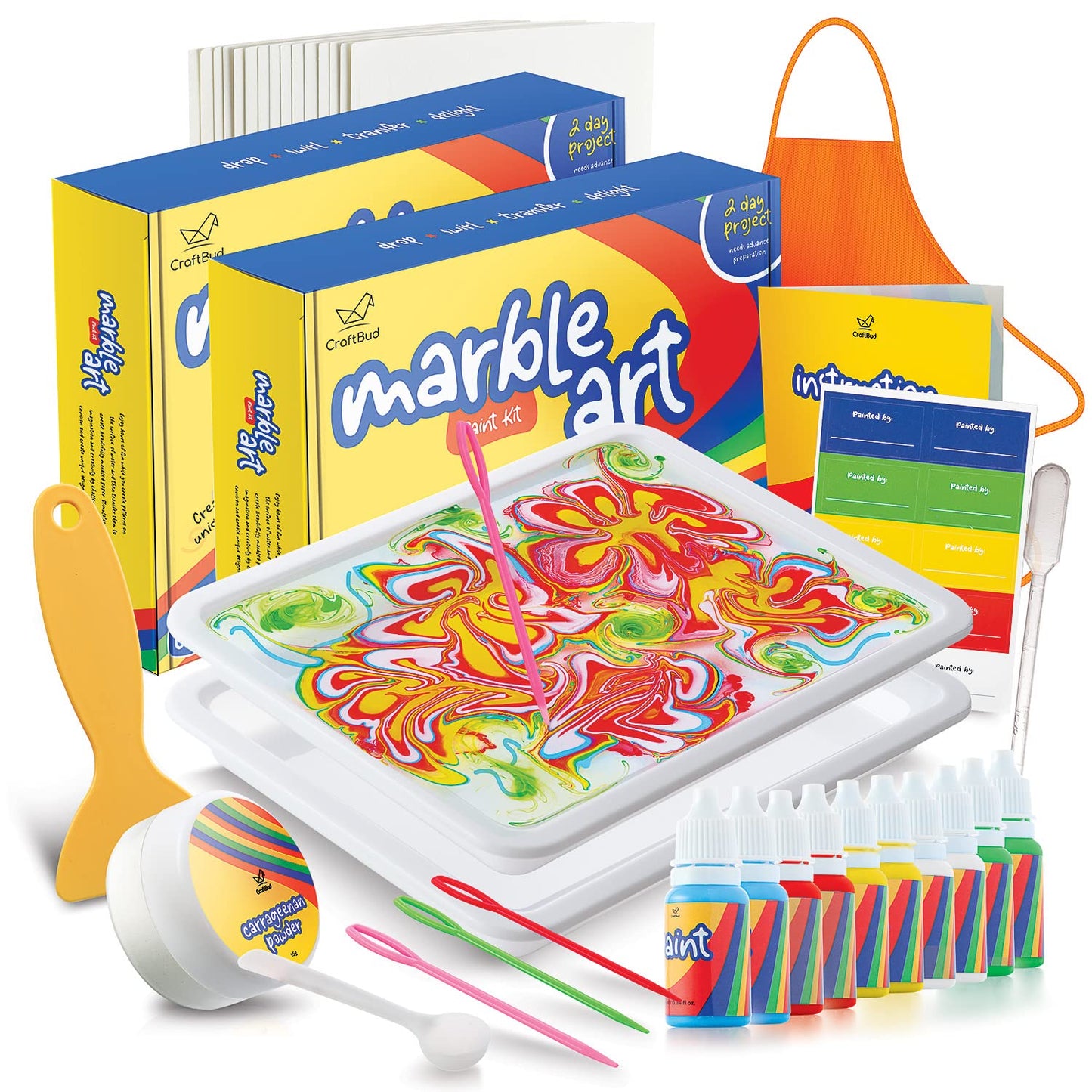 CraftBud Marbling Paint Kit for Kids with 10 Paint Colors, Water Art Paint Sets, Guide Books, 2 Aprons, 2 Sheets of Stickers, 2 Mixing Spoons, 2 Water