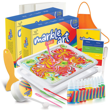 CraftBud Marbling Paint Kit for Kids with 10 Paint Colors, Water Art Paint Sets, Guide Books, 2 Aprons, 2 Sheets of Stickers, 2 Mixing Spoons, 2 Water