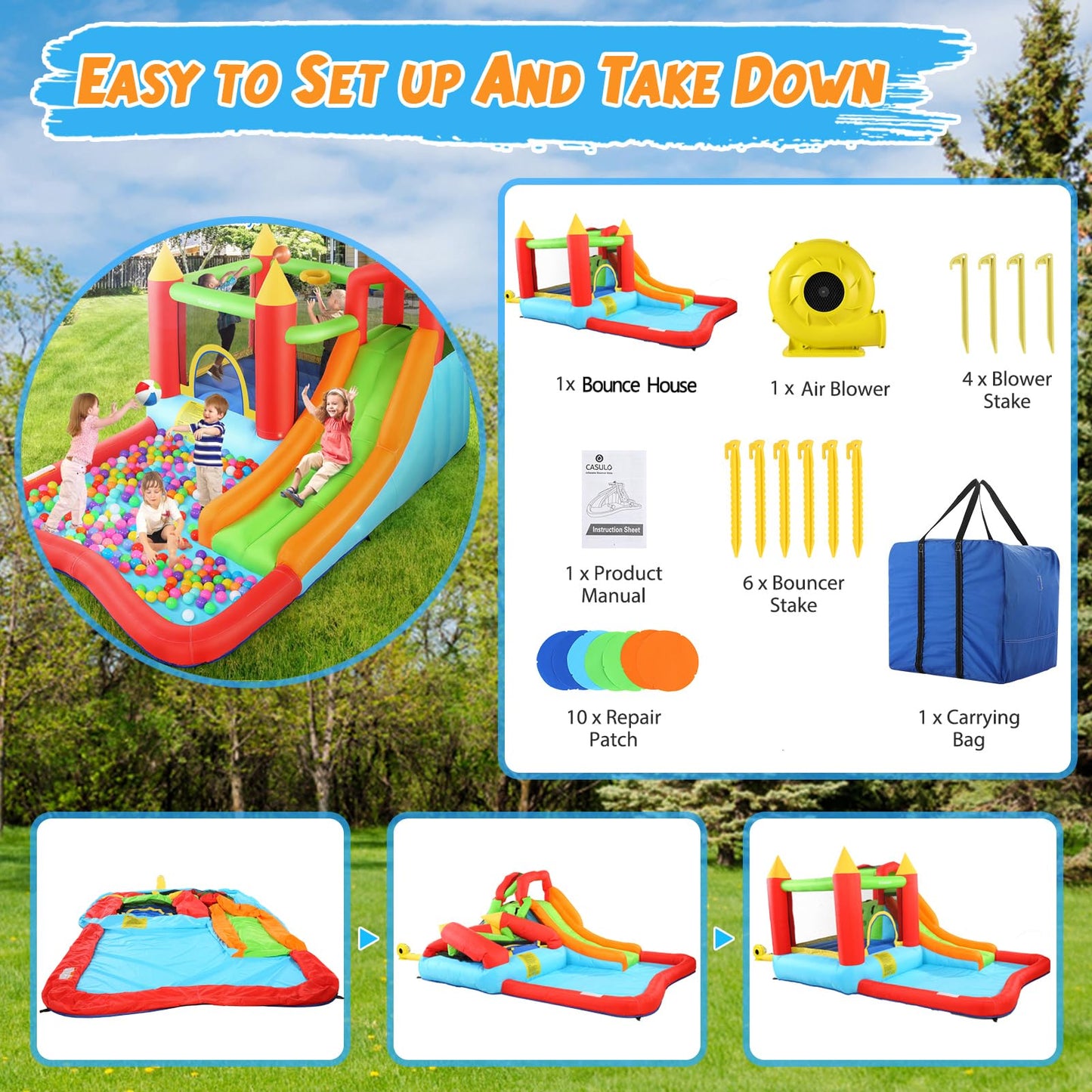 HYPOAI Bounce House,Inflatable Bounce Castle with Blower for Kids 3-12,Outdoor/Indoor Bouncy House Water Park for Backyard with Splash Slide,Climbing