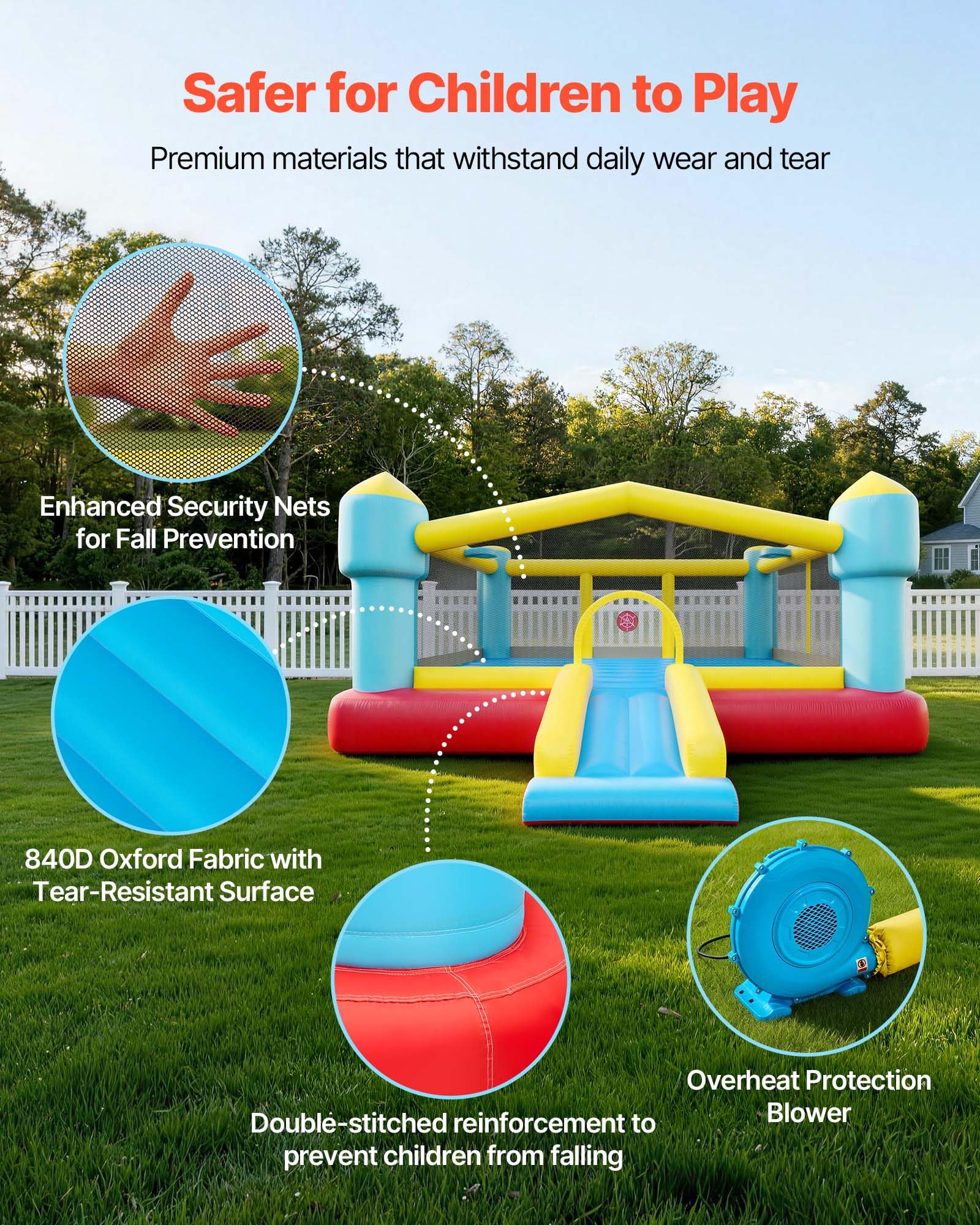VEVOR Inflatable Bounce House, 14.7 x 13.8 x 6.8 ft Jumping Bouncy Castle, Inflatable Jumper for Kids with Slide, Basketball Hoop, Target Game