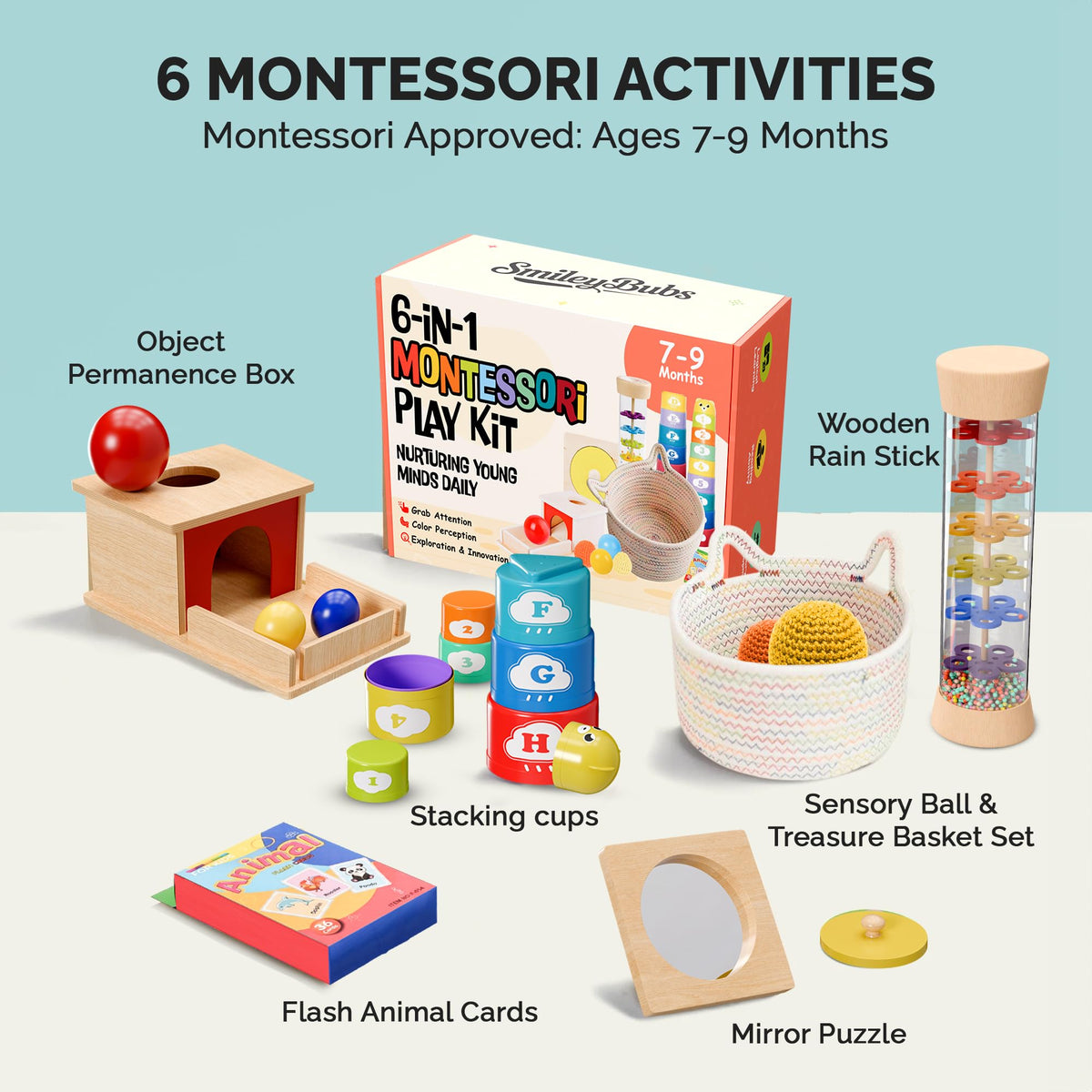 SmileyBubs Montessori Baby Toys 7-9 Months, Developmental Tools for 7+ Month Babies, Baby Sensory Toys - A Sliding Box, Mirror Puzzle, Stacking Cups