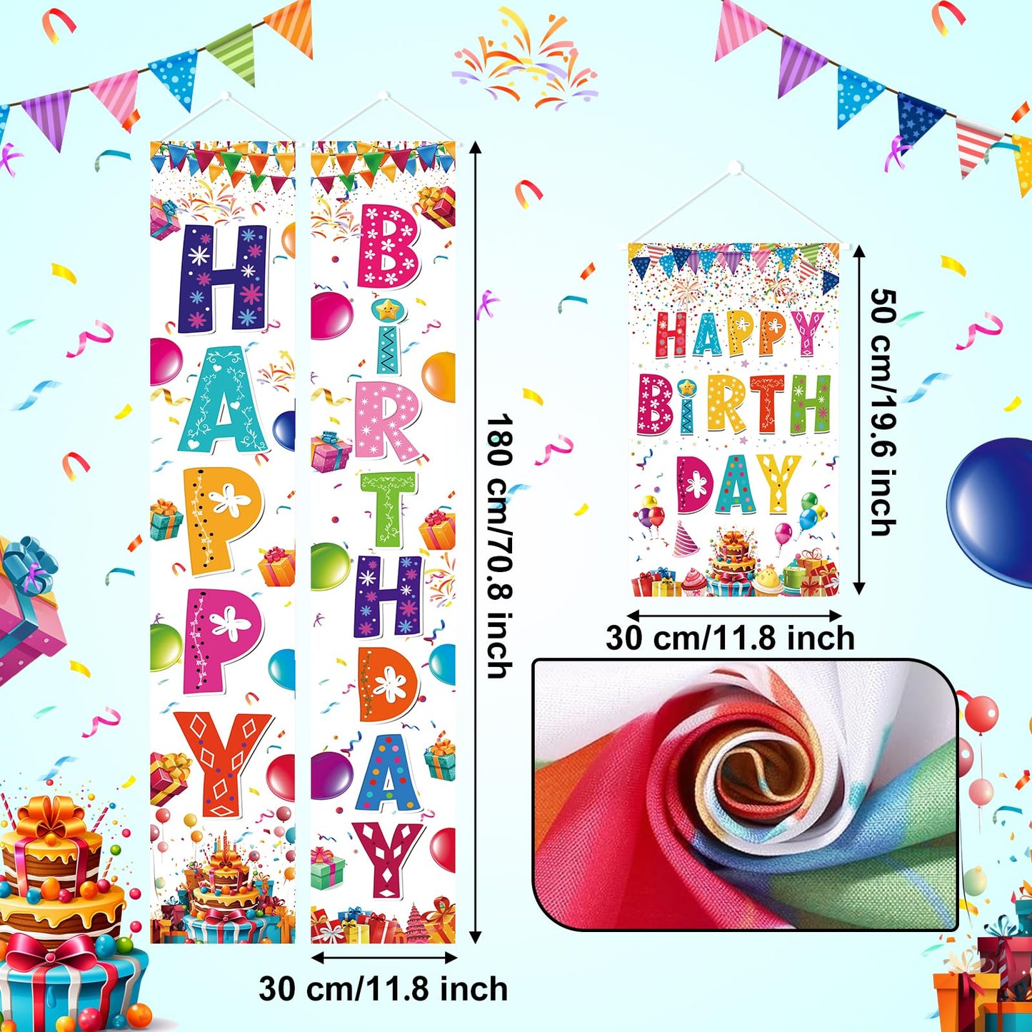 AiFaoobs 3 PCS Colorful Happy Birthday Banner Door Porch Sign Photography Black Background Party Supplies for Kids Boys Girls Birthday Party Supplies