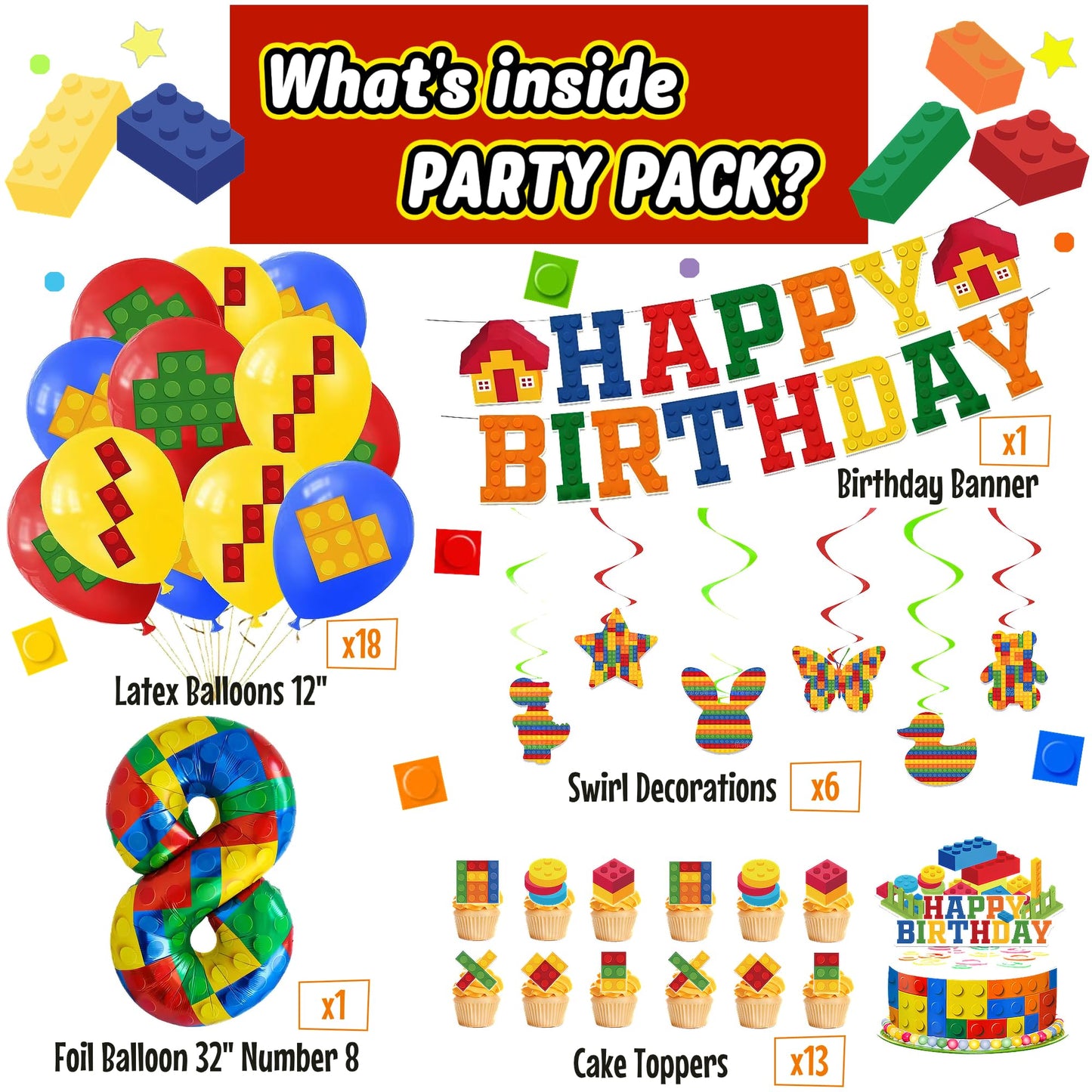 8th Birthday Decorations - Building Blocks Birthday Decorations 8 Year Old Boy - Party Kit: Number 8 Balloon, Banner, Cupcake & Cake Toppers, Balloons