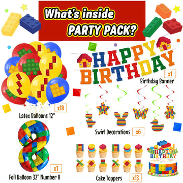 8th Birthday Decorations - Building Blocks Birthday Decorations 8 Year Old Boy - Party Kit: Number 8 Balloon, Banner, Cupcake & Cake Toppers, Balloons