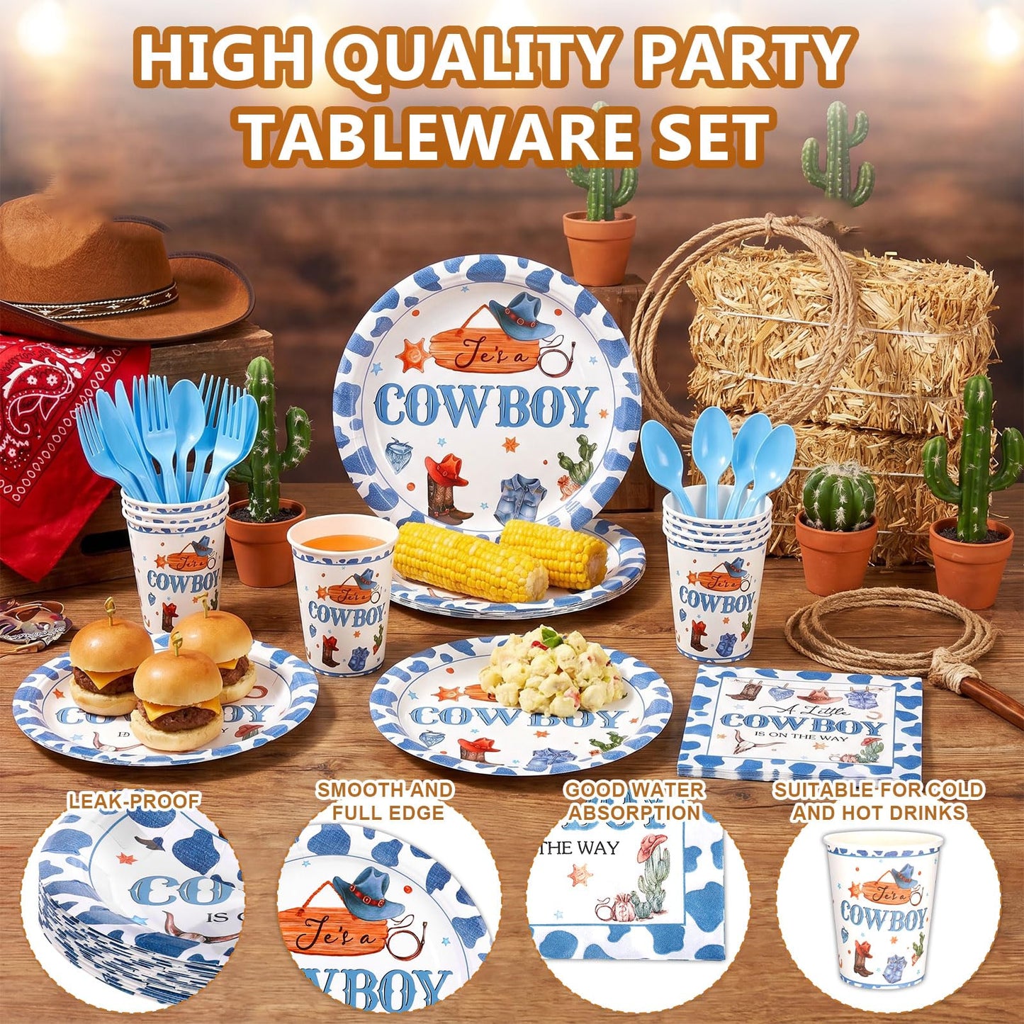 175 Pcs Cowboy Baby Shower Decorations Baby Shower Paper Plates Napkins Cups Set Disposable, a Little Cowboy Is on the Way Party Wild Western Theme