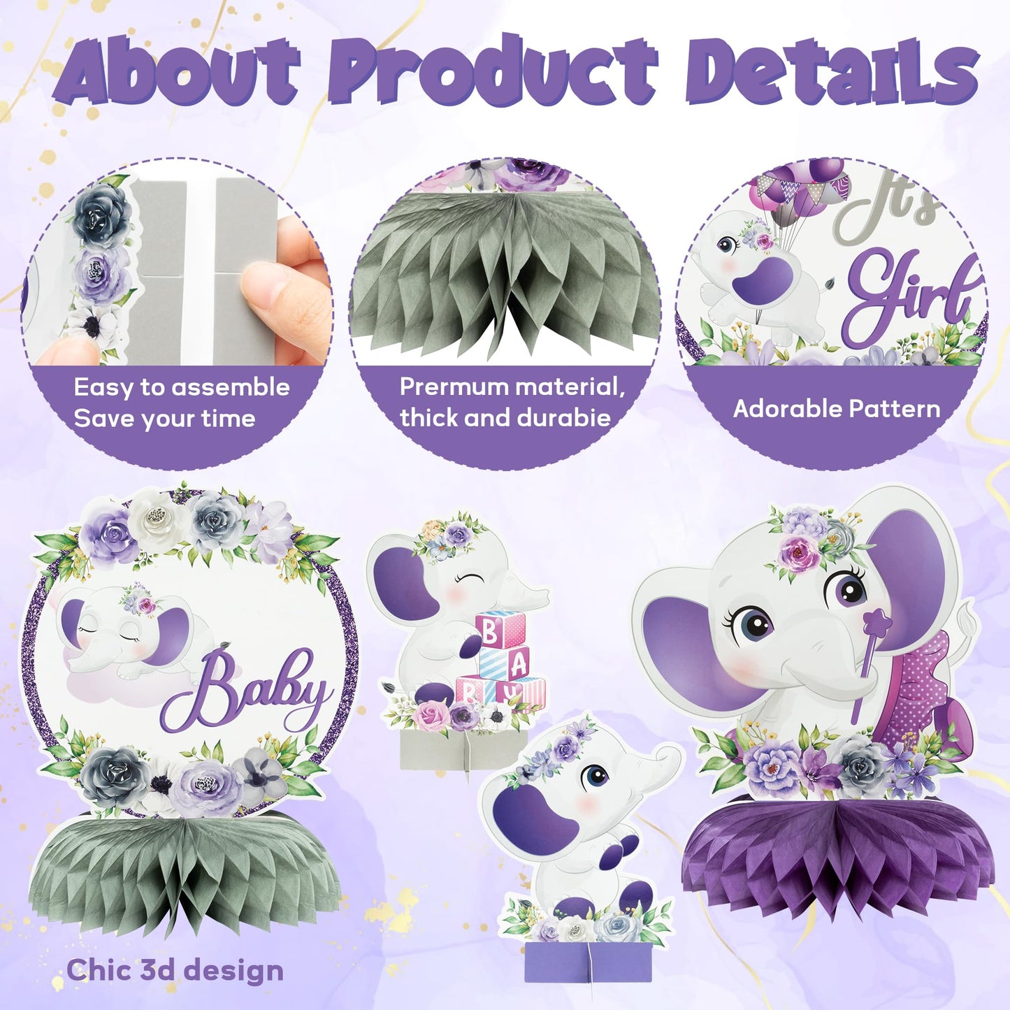 ArianQicult Purple Elephant Floral Honeycomb Centerpieces