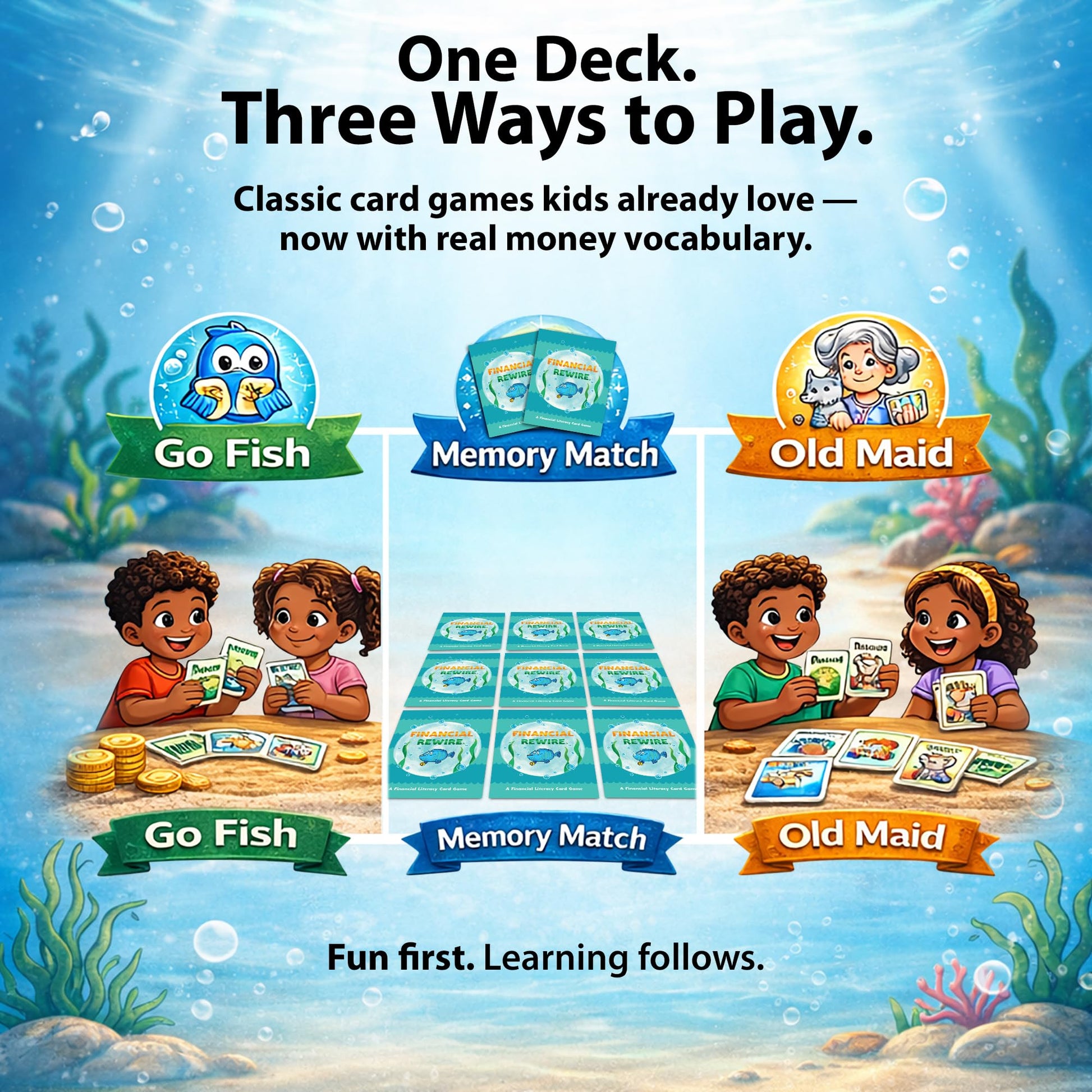 Finance Go Fish - 3-in-1 Financial Literacy Card Game for Kids Ages 5-12 | Go Fish, Memory & Old Maid | Educational Money Vocabulary Deck (Combo)