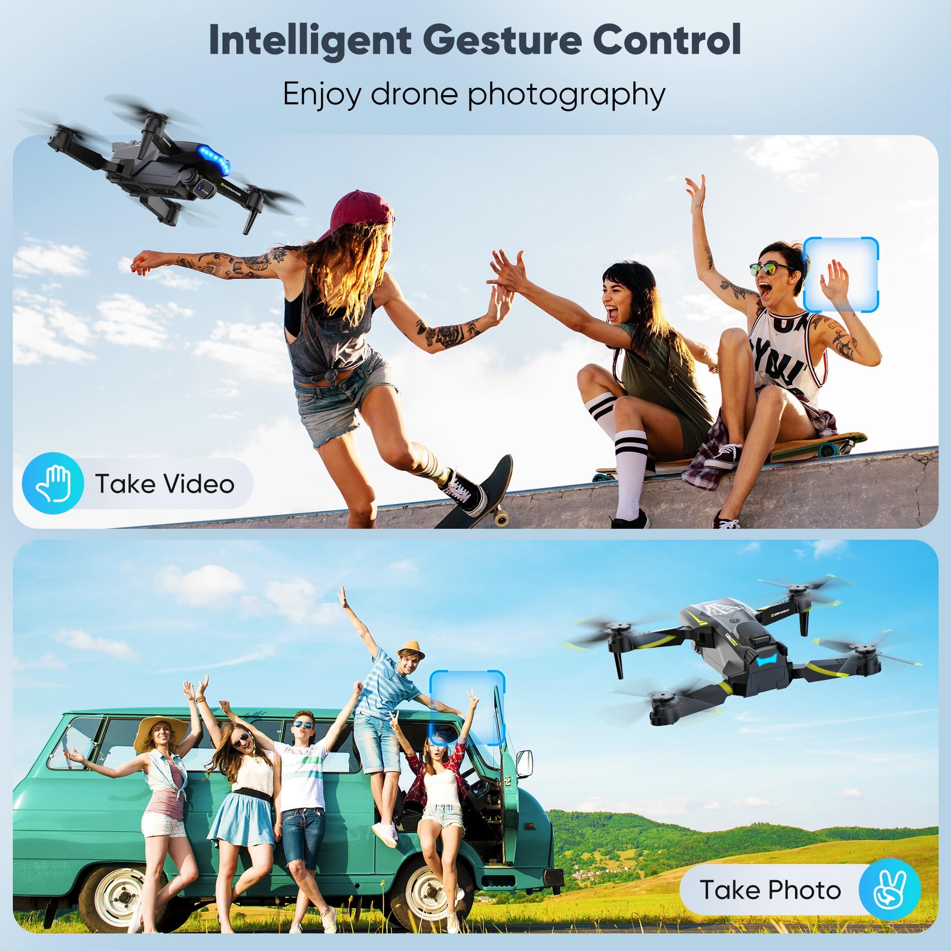 Flymevac Drone with Camera, Dual 720HD, Drone for Kids with Cool Lights, Gestures Control, Vertical Shooting, Waypoint Flight, Gravity Control, 3D