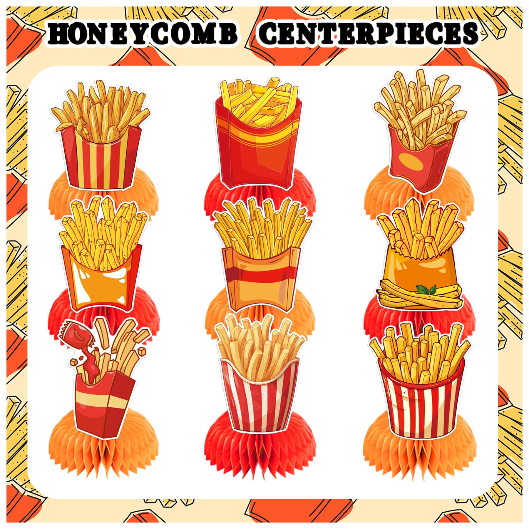 9 PCS French Fries Table Decorations Honeycomb Centerpiece, French Fries Centerpieces Table Topper for Fast Food French Fries Party Decorations