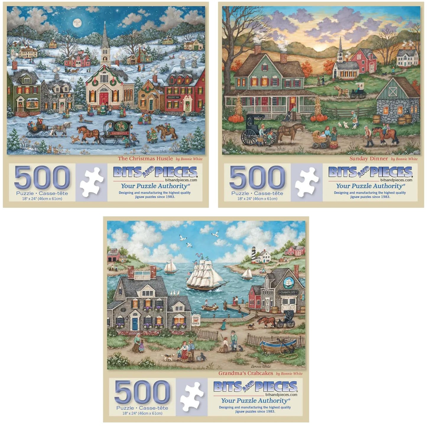 Bits and Pieces 500 Piece Puzzles for Adults Bonnie White 3-Pack - Large 18" x 24" Jigsaw Puzzles 500 Pieces Vintage Americana, No 2 Pieces Alike