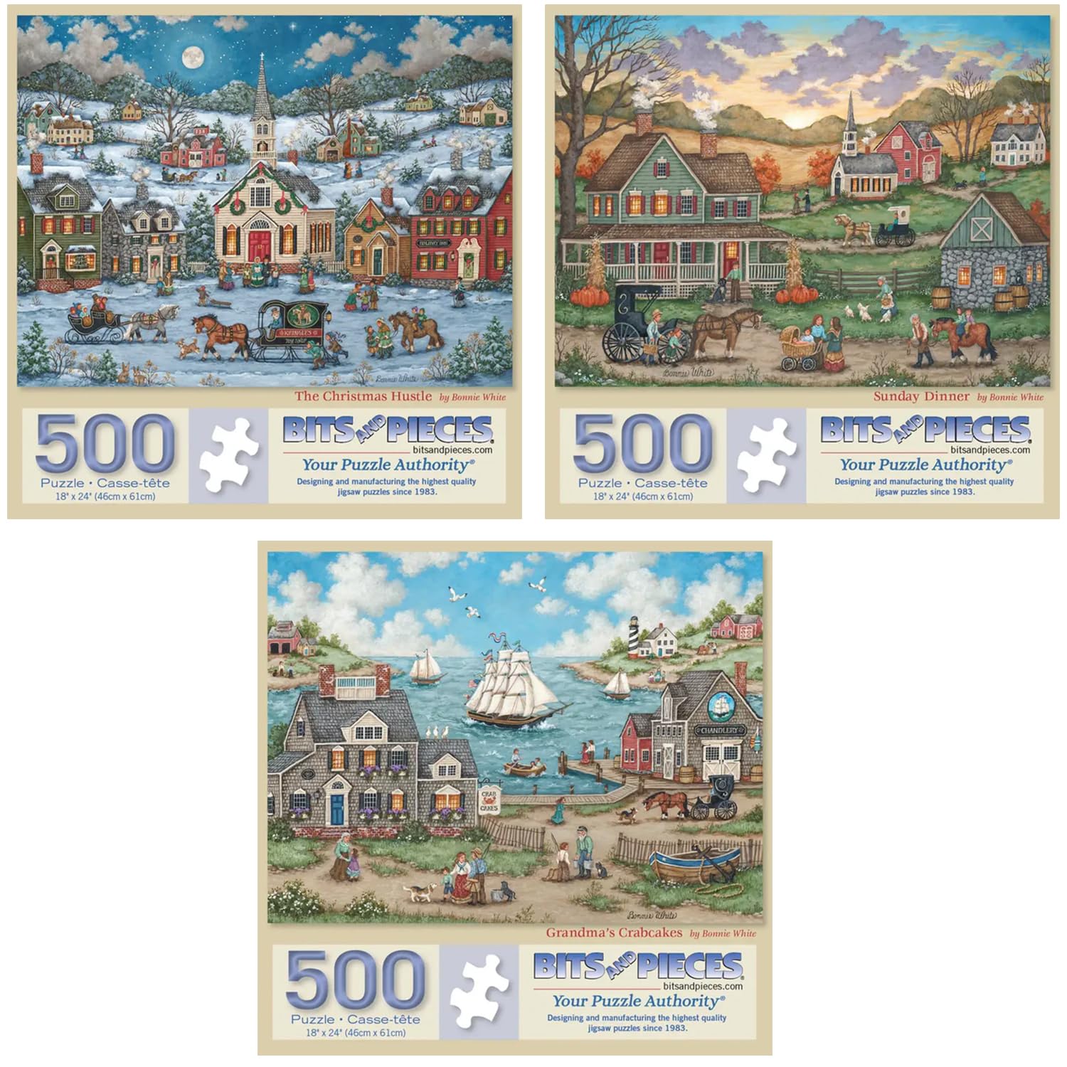 Bits and Pieces 500 Piece Puzzles for Adults Bonnie White 3-Pack - Large 18" x 24" Jigsaw Puzzles 500 Pieces Vintage Americana, No 2 Pieces Alike