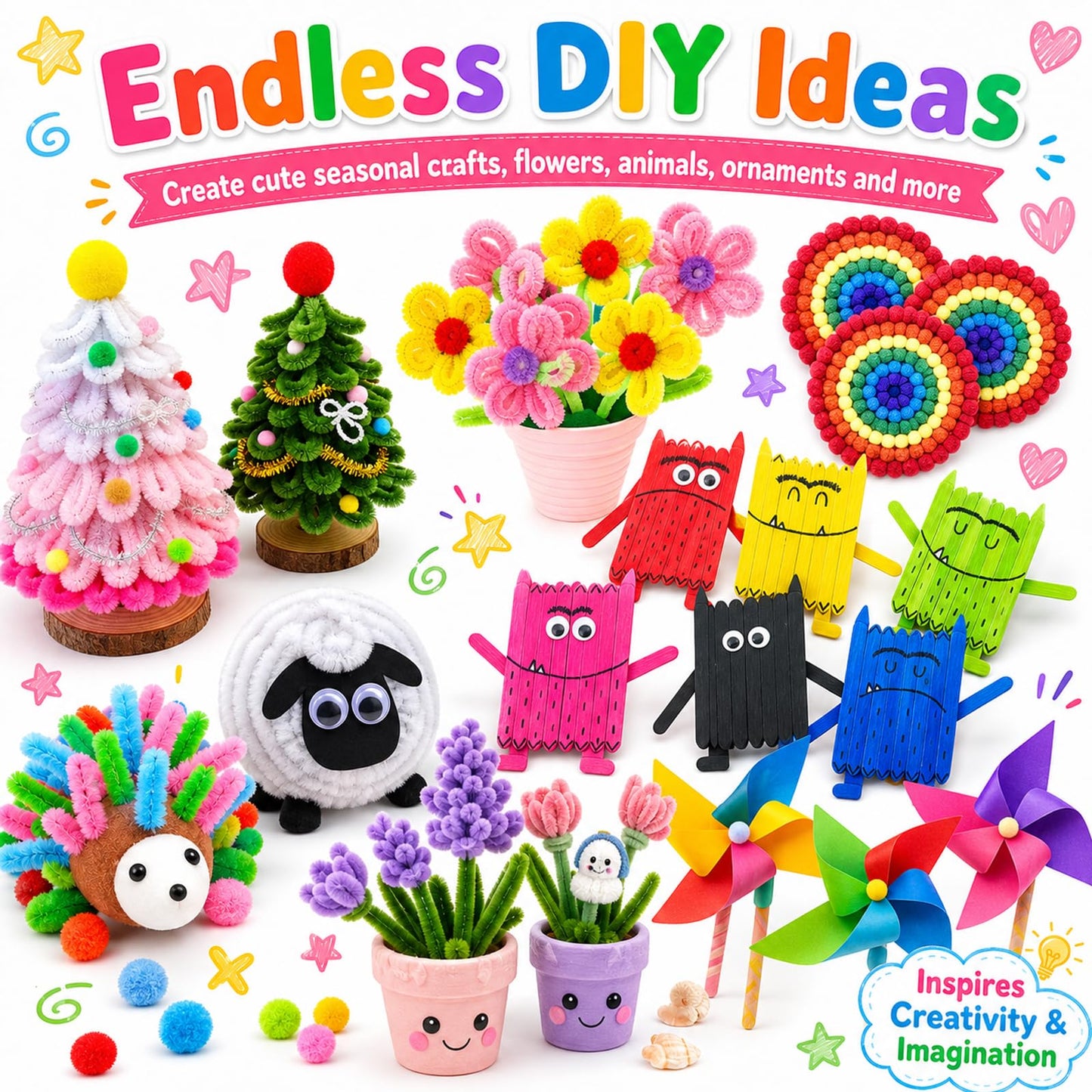 FUNZBO Arts and Crafts Supplies for Kids - Toddlers Craft Kit with Glitter Glue Stick, Pipe Cleaners, Pom Poms, Popsicle Sticks Tools, DIY School