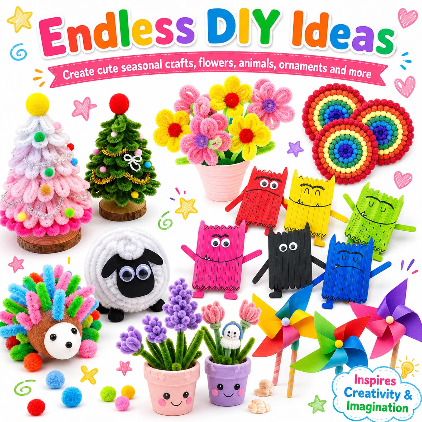 FUNZBO Arts and Crafts Supplies for Kids - Toddlers Craft Kit with Glitter Glue Stick, Pipe Cleaners, Pom Poms, Popsicle Sticks Tools, DIY School