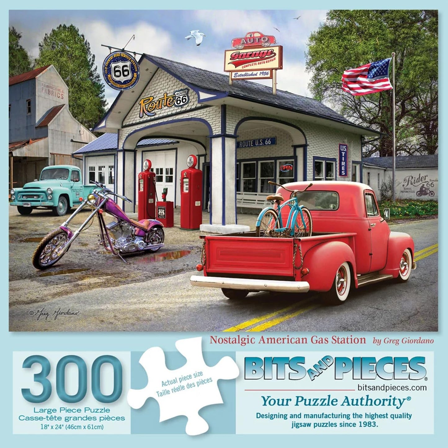 Bits and Pieces 300 Piece Puzzles for Adults - Nostalgic American Gas Station - 300 Large Pieces 18" x 24" Jigsaw Puzzles, Vintage Cars Summer Scene