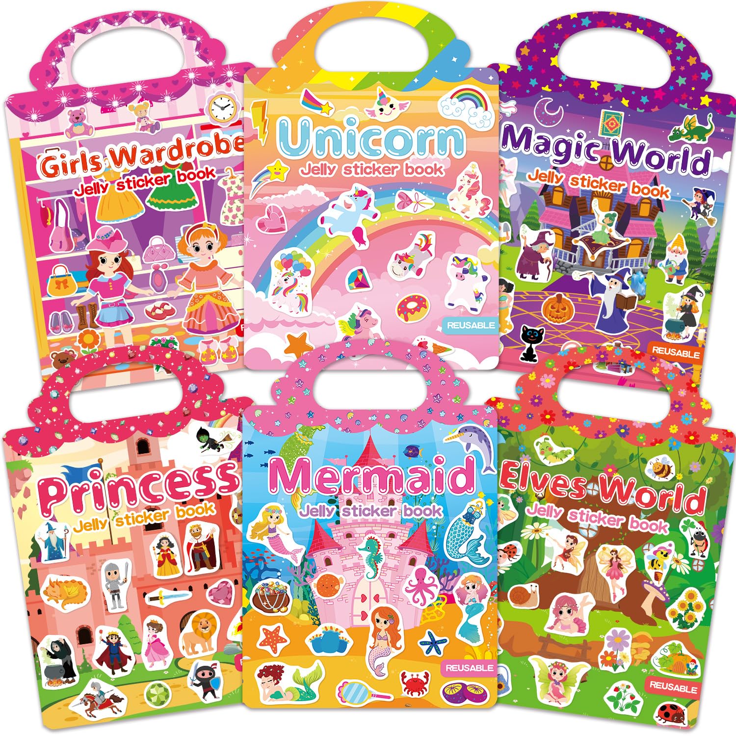 CREATIVETREES 6 Sets Reusable Sticker Book for Girls 3-6, Jelly Sticker Books for Toddler, Travel Sticker Activity Toys for Kids 3 4 5 6 Years Old