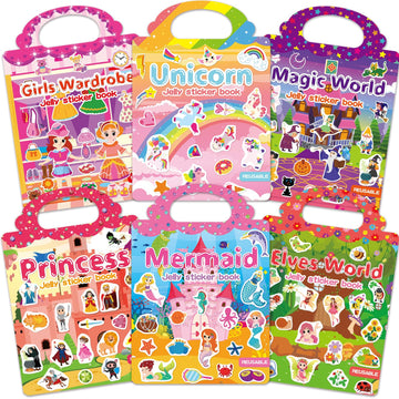 CREATIVETREES 6 Sets Reusable Sticker Book for Girls 3-6, Jelly Sticker Books for Toddler, Travel Sticker Activity Toys for Kids 3 4 5 6 Years Old