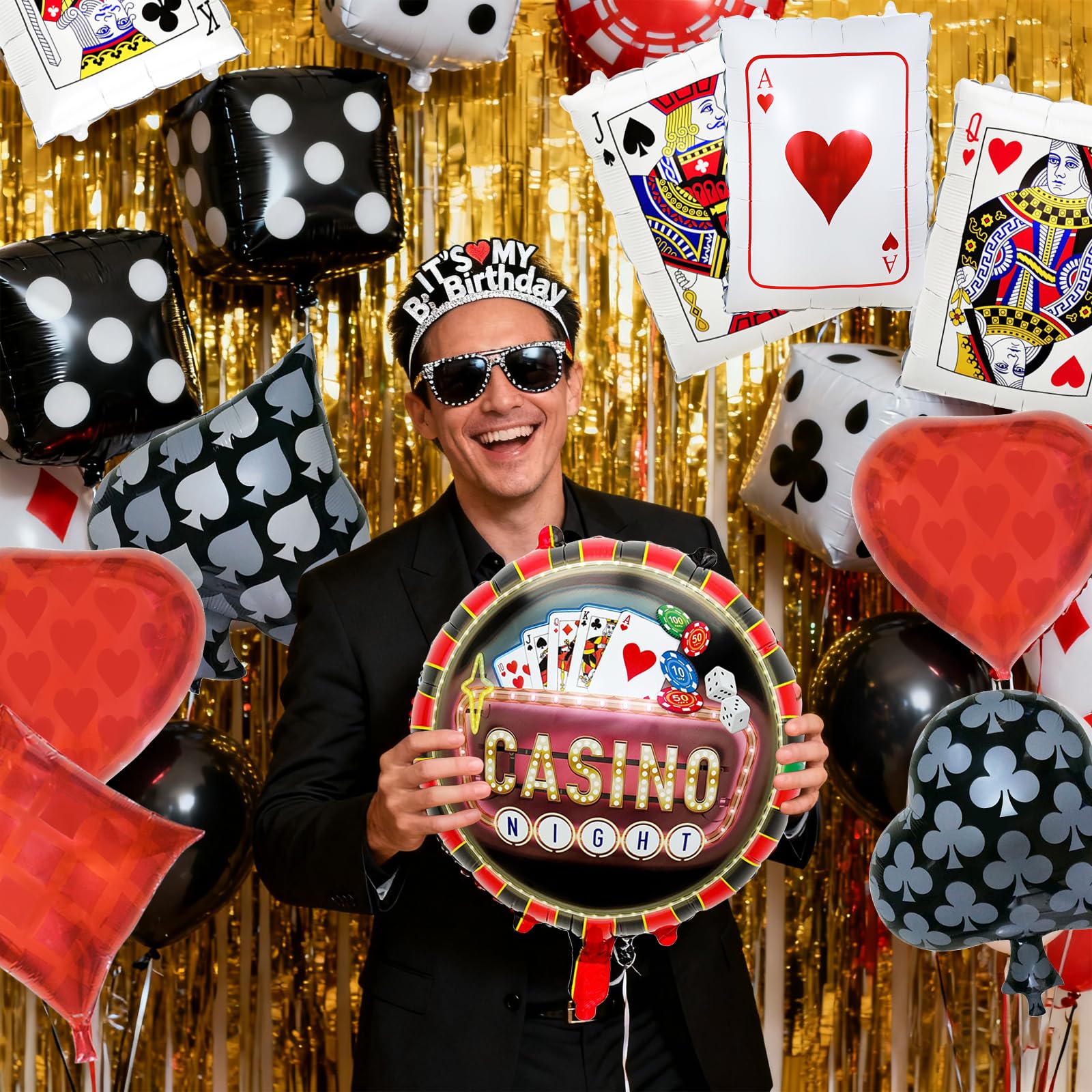 PAKESI 17Pcs Casino Night Balloons Set, Giant 24in Dice & Poker Cards Foil