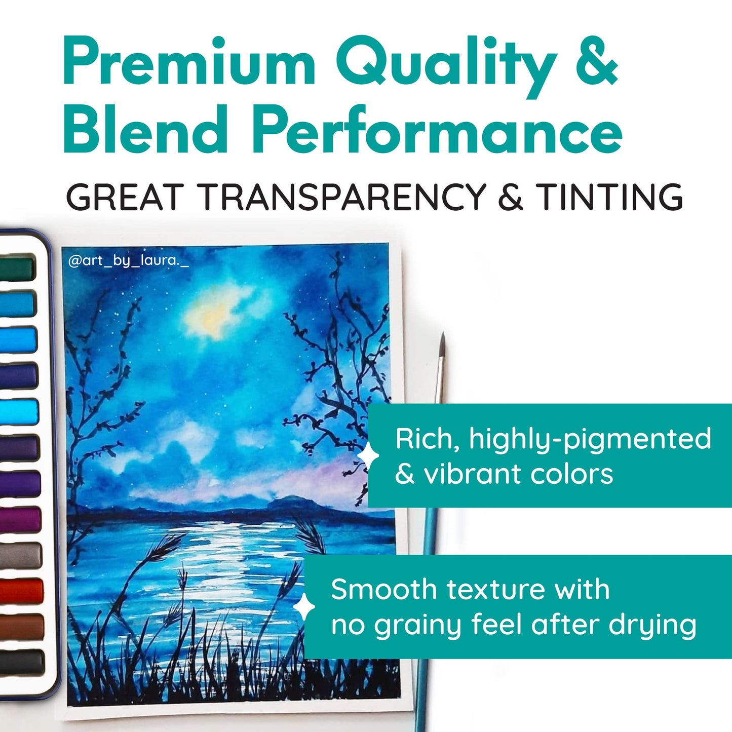 MozArt Supplies Watercolor Paint Essentials Set - Lightweight and Portable Metal Box - Lid Has 3 Partitions for Color Mixing - Easy-to-Blend Non-Toxic