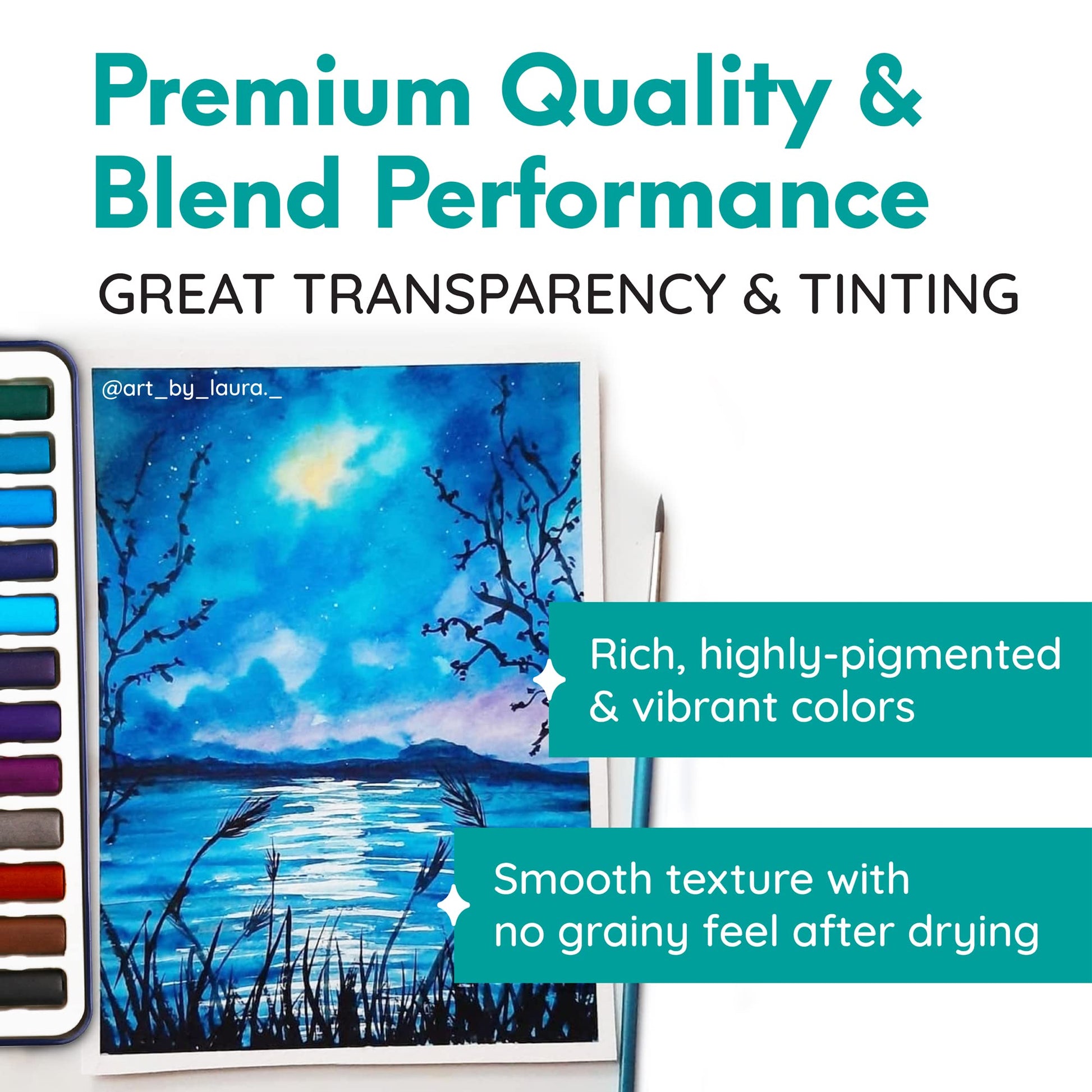 MozArt Supplies Watercolor Paint Essentials Set - Lightweight and Portable Metal Box - Lid Has 3 Partitions for Color Mixing - Easy-to-Blend Non-Toxic