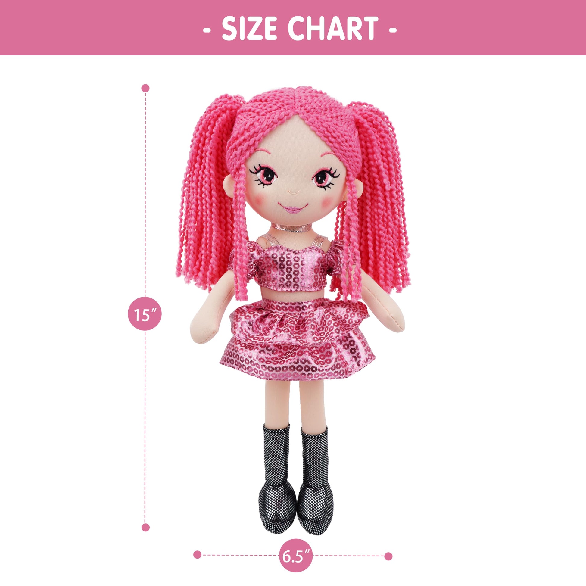 June Garden Lina Sparkle 15" Kpop Inspired Plush Doll - Pink Yarn Hair Soft Doll with Sparkly Pop Star Outfit, Pretend Play Fashion Doll Gift