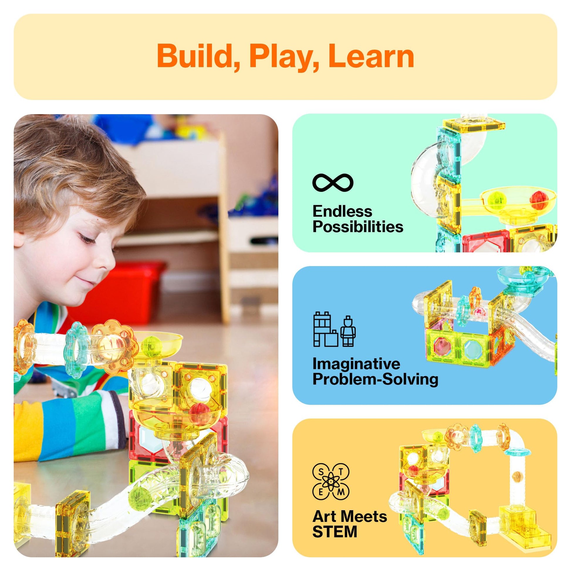 PicassoTiles 100pc Magnetic Marble Run Travel Size Tile Blocks Construction Kids Toy Set On The Go Mini Magnet Tiles Marbles Playset for Race Track
