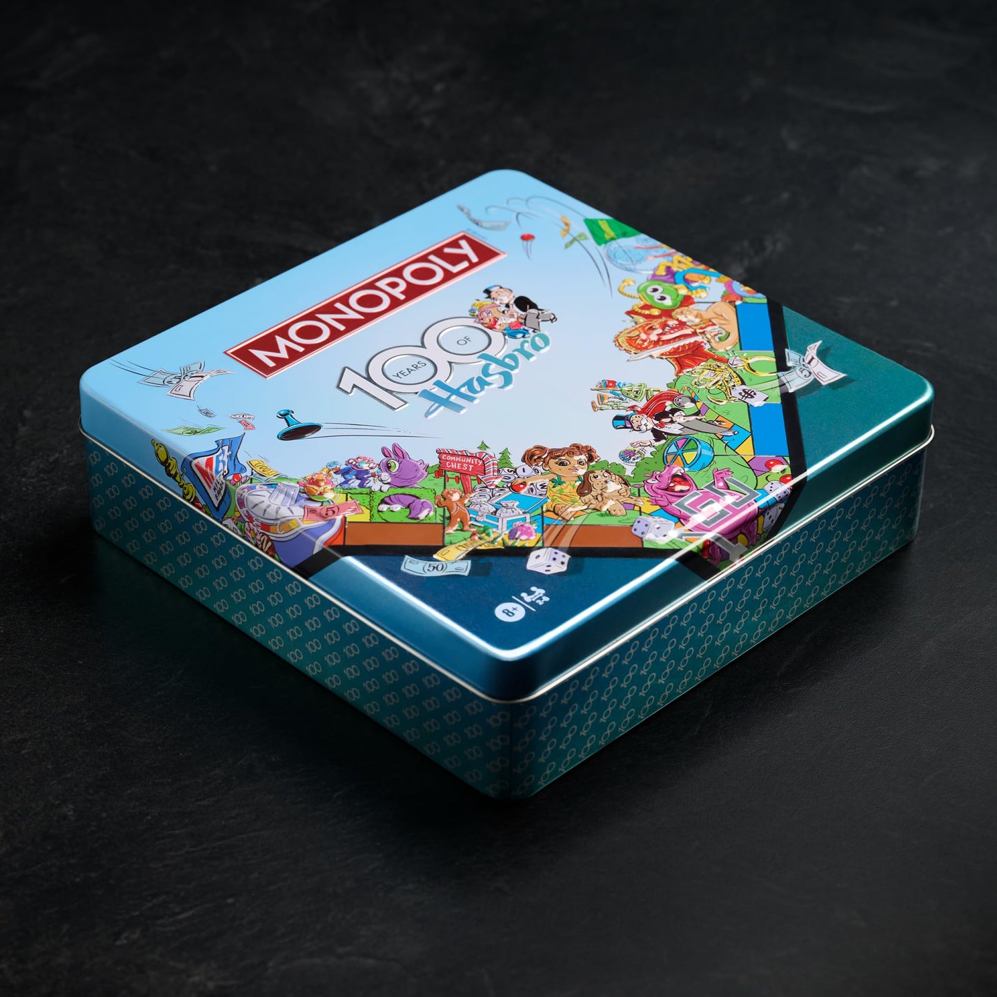 WS Game Company Monopoly Hasbro 100th Anniversary Edition Board Game in Special Edition Embossed Metal Tin with Bespoke Artwork & Eight Exclusive