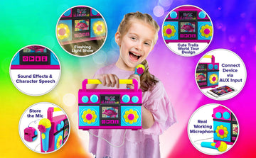 ekids Trolls World Tour Sing Along Boom Box Speaker with Microphone for Fans of Trolls Toys for Girls, Kids Karaoke Machine with Built in Music and