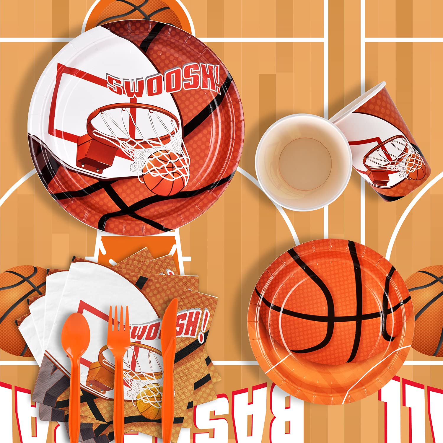 Gatherfun Basketball Party Supplies Paper Plates Napkins Cups Knives Forks Spoons with Balloons and Banner for Kids and Adult Birthday Party March
