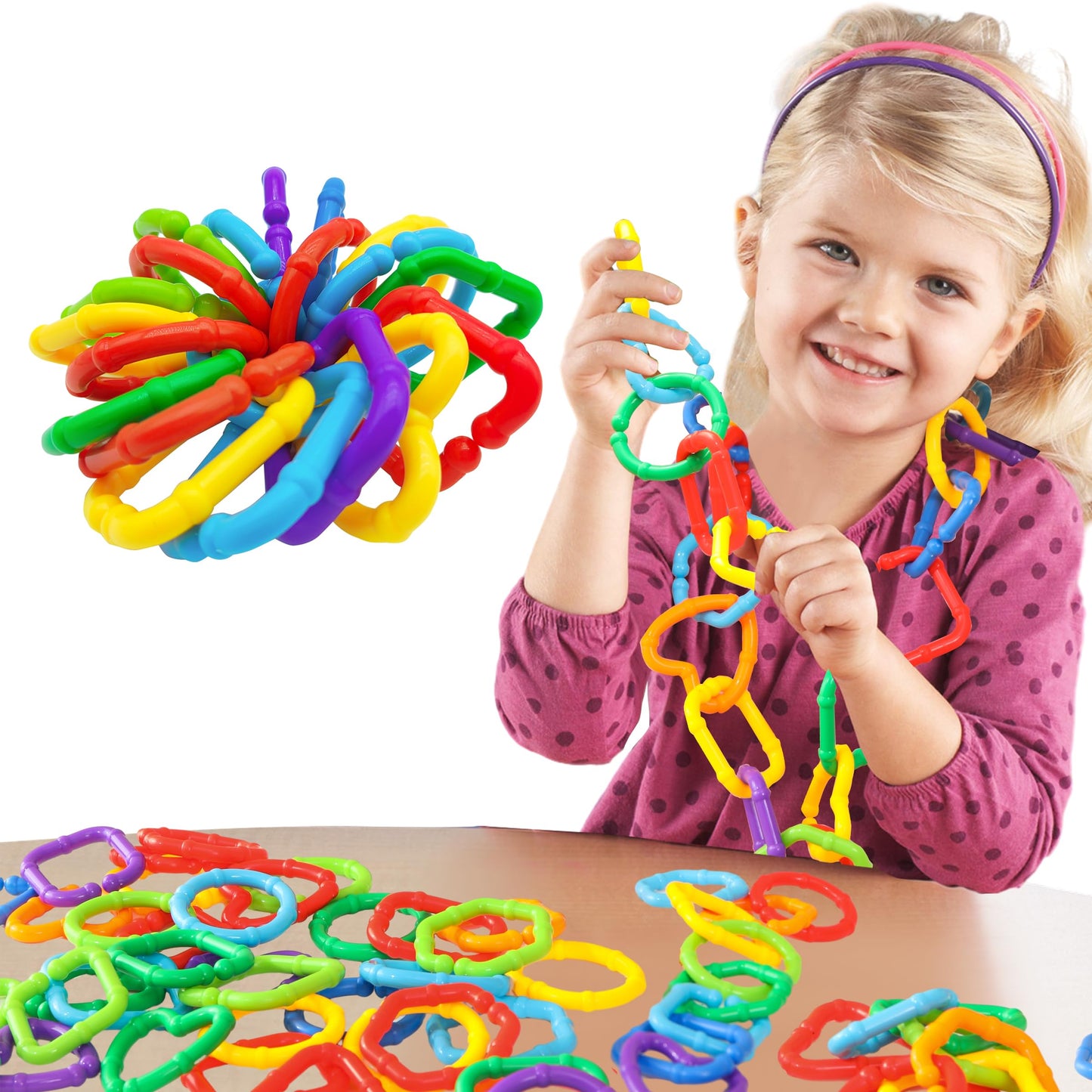 RAINBOW TOYFROG Baby Links Rings - 35 Geometric Linking Chains for Infants & Toddlers - Safe Teething and Sensory Development Toys - Car Seat