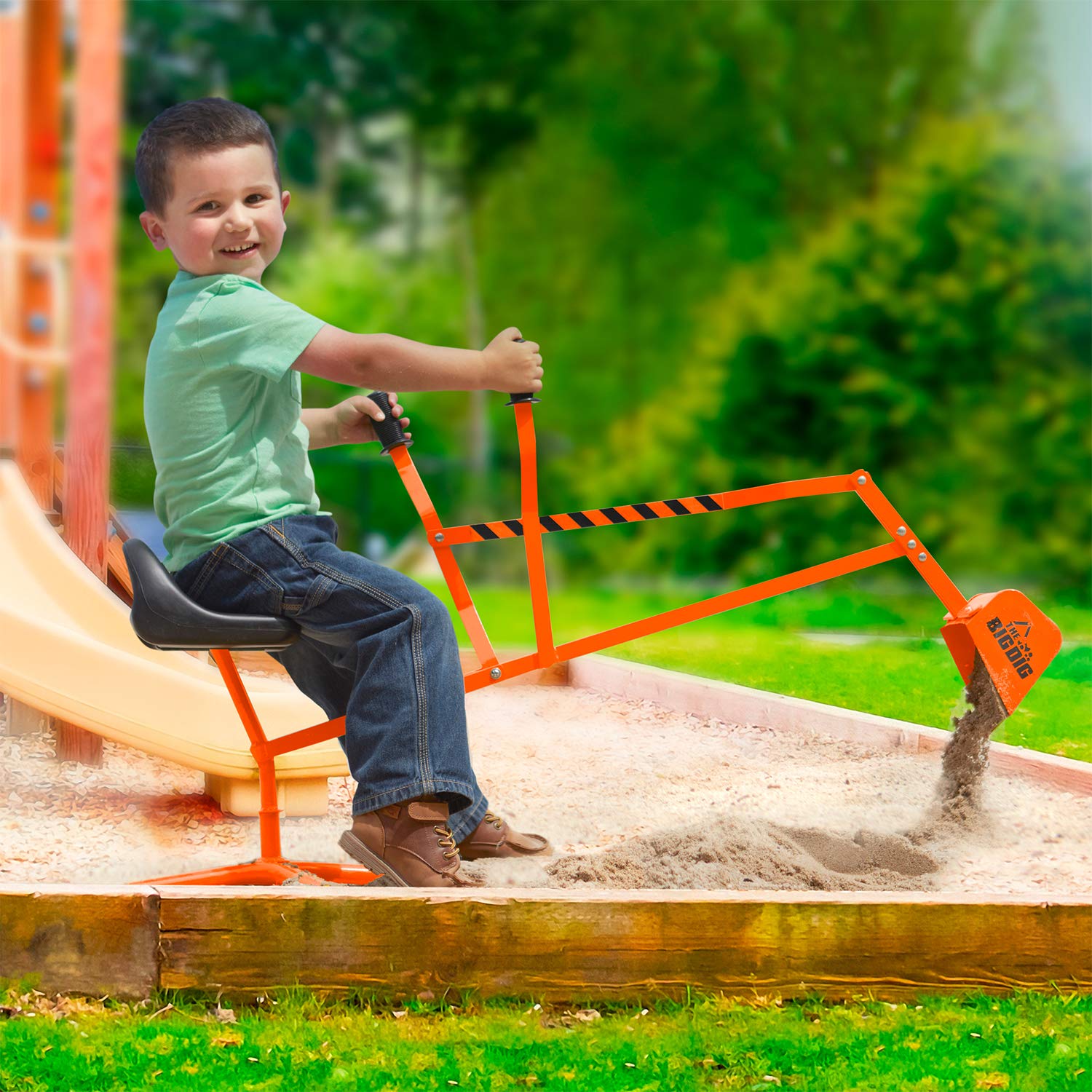 Big Dig Sand Digger Excavator Ride, w/Rotating Seat & Base for Kids Ages 3 and Up, Orange - Sandbox and Beach Pretend Construction Toy, Digging