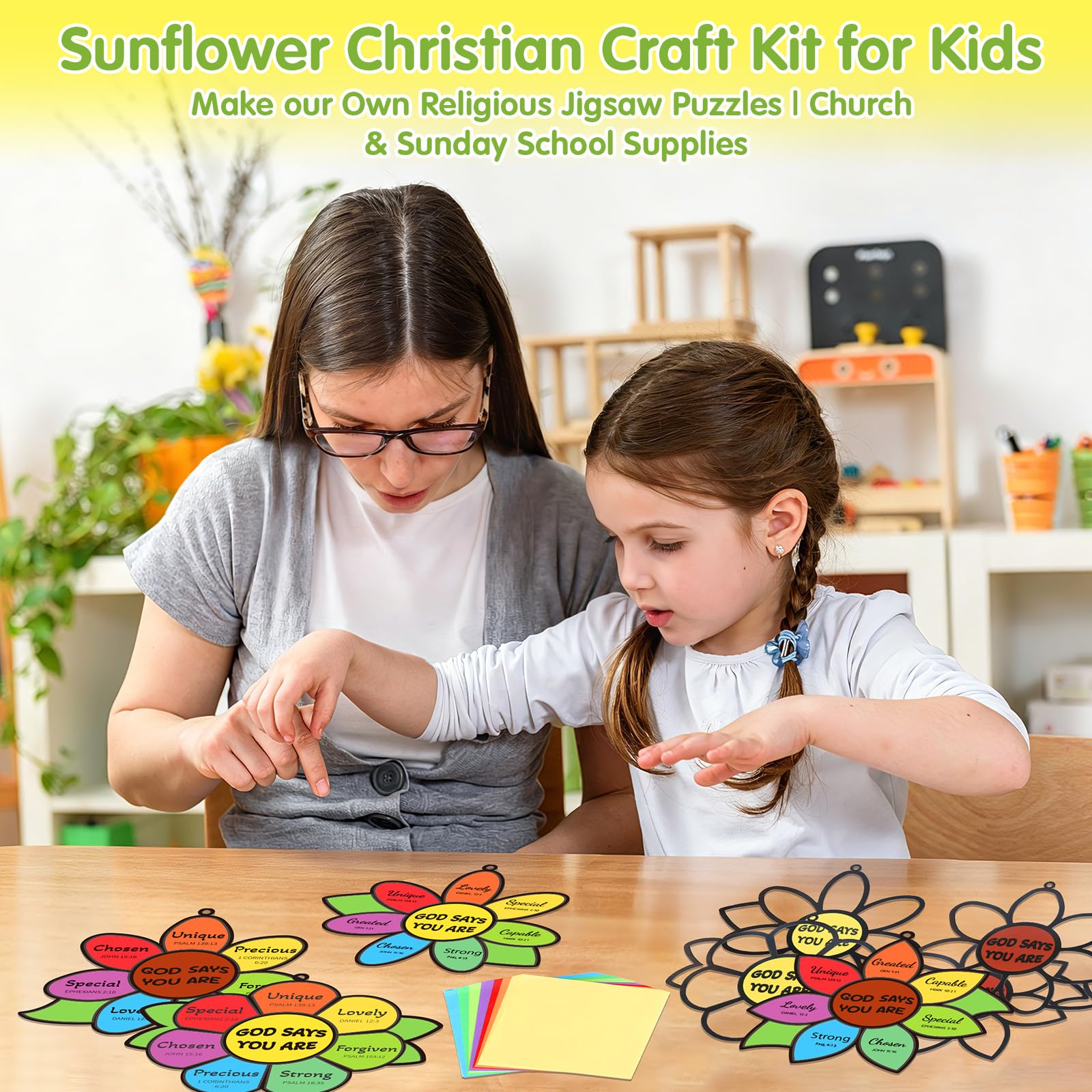 Fennoral 24 Pack God Says You are Sunflower Suncatcher DIY Craft Kit for Kids Religious Christian Bible Verse Hanging Window Ornaments Sunday School