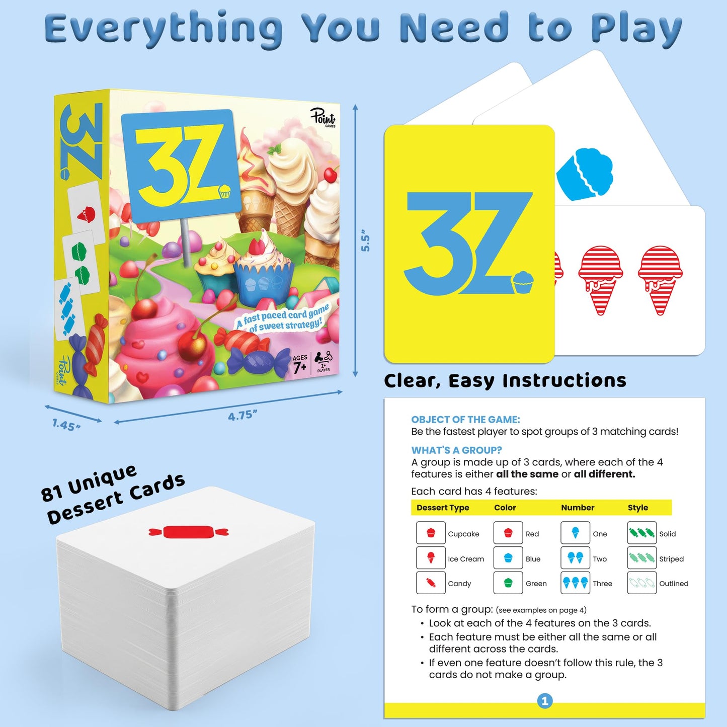 Point Games 3Z Card Game Fast-Paced Sweet Strategy & Matching Game for Kids, Families & Adults - Brain Teaser Pattern Recognition - Ages 7+ - 1 or