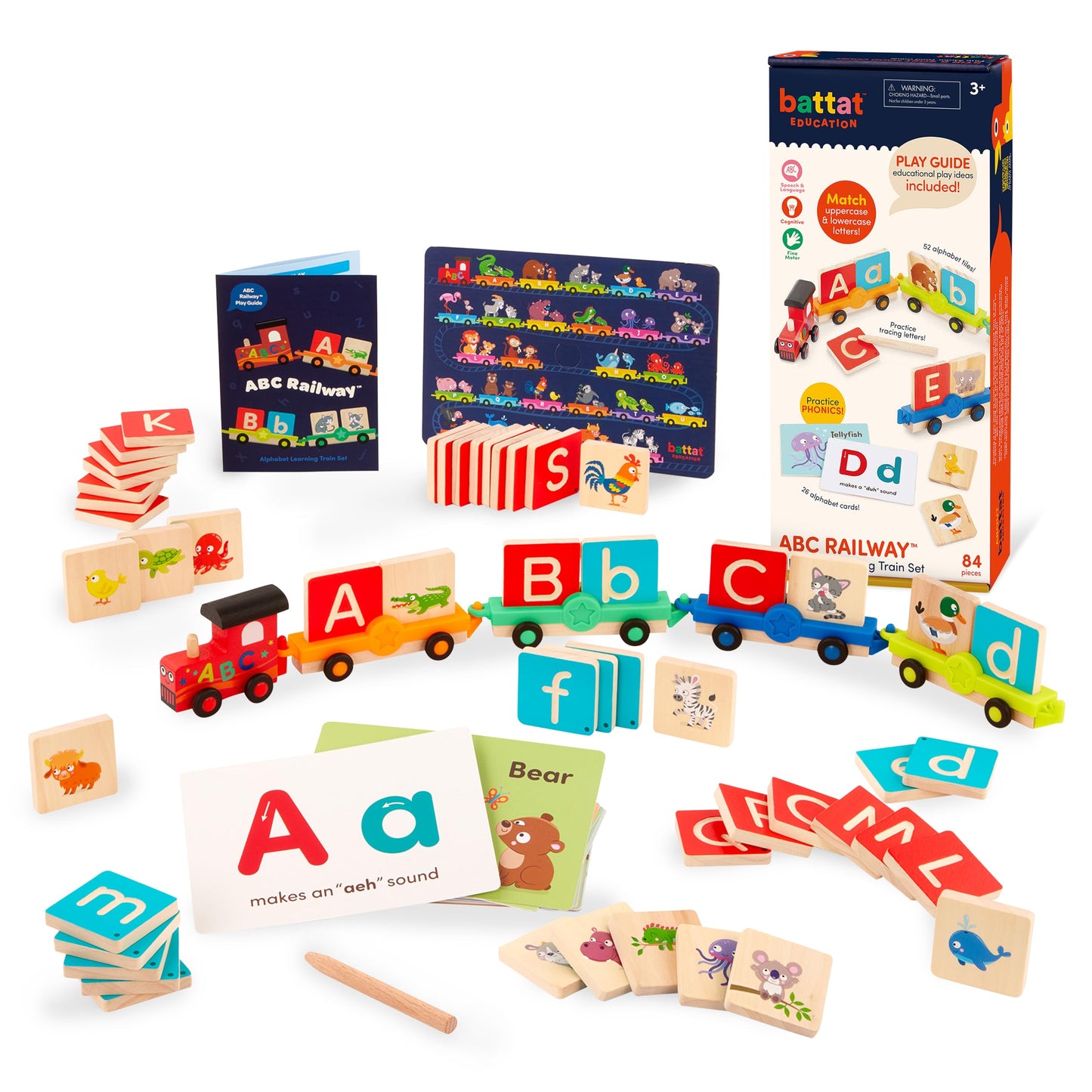 Battat Education - Wooden Alphabet Train Set ABC Letter Train Toy with 84 Pieces for Toddlers - Educational Color & Shape Recognition