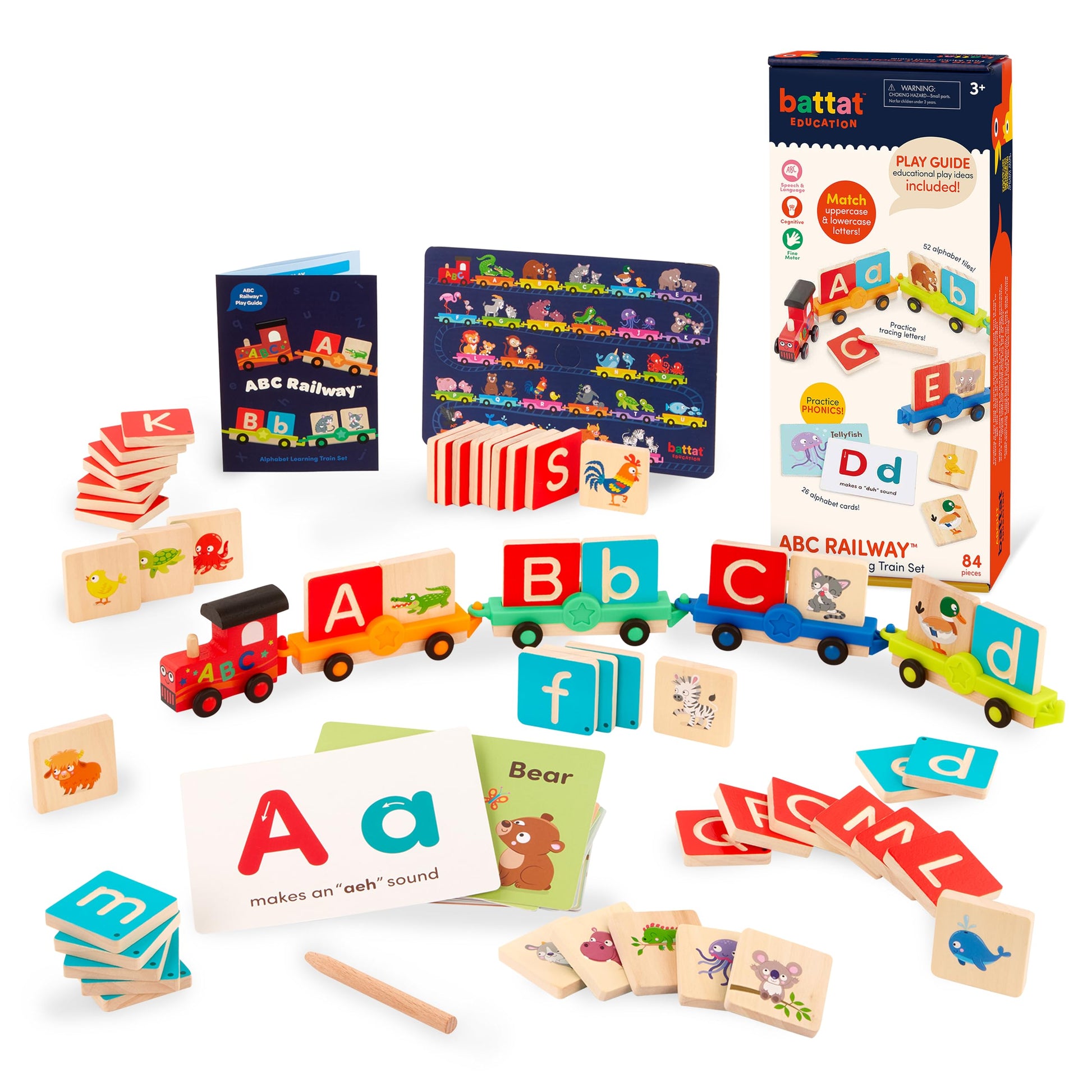 Battat Education - Wooden Alphabet Train Set ABC Letter Train Toy with 84 Pieces for Toddlers - Educational Color & Shape Recognition