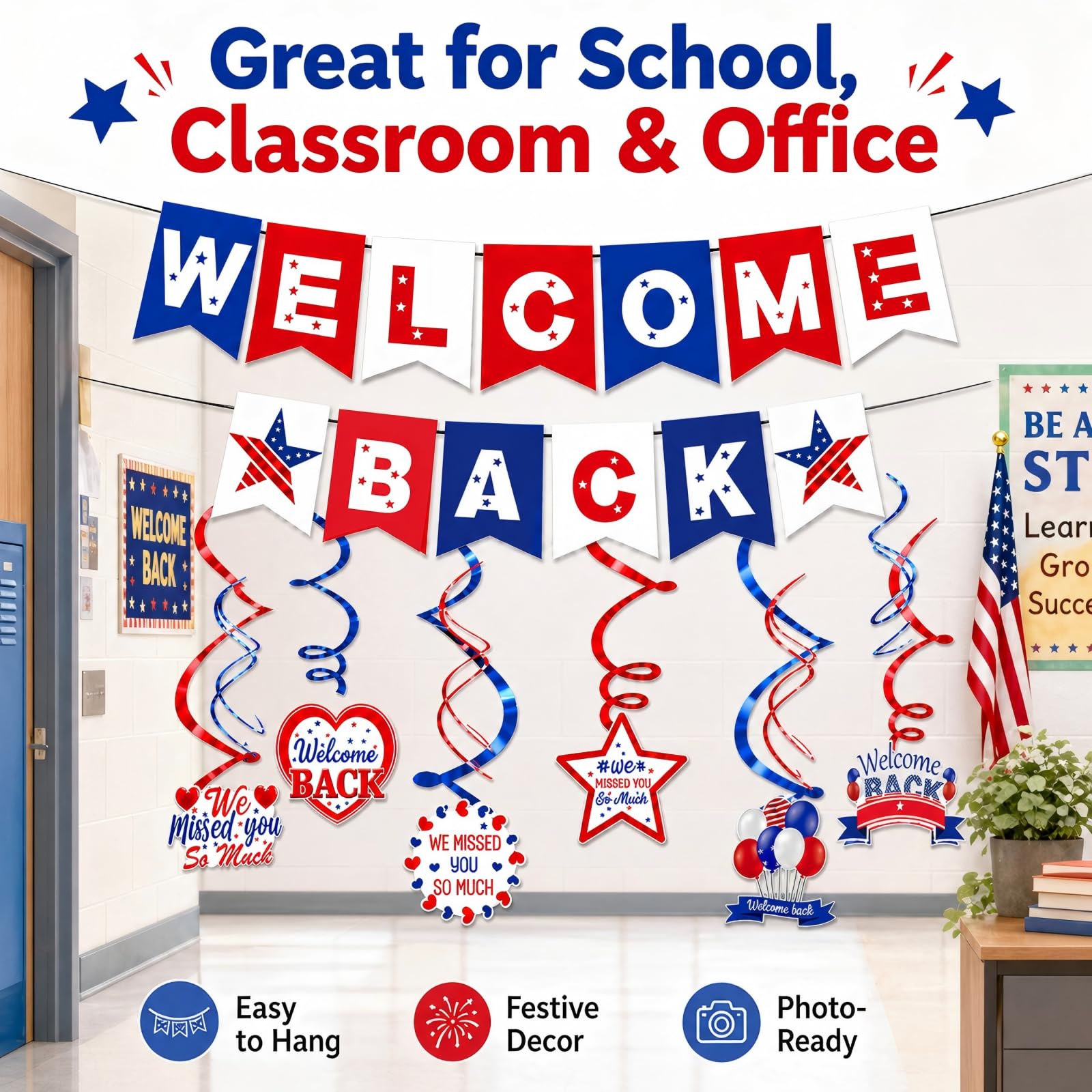 Welcome Back Decorations with Welcome Back Banner and 6 Hanging Swirls
