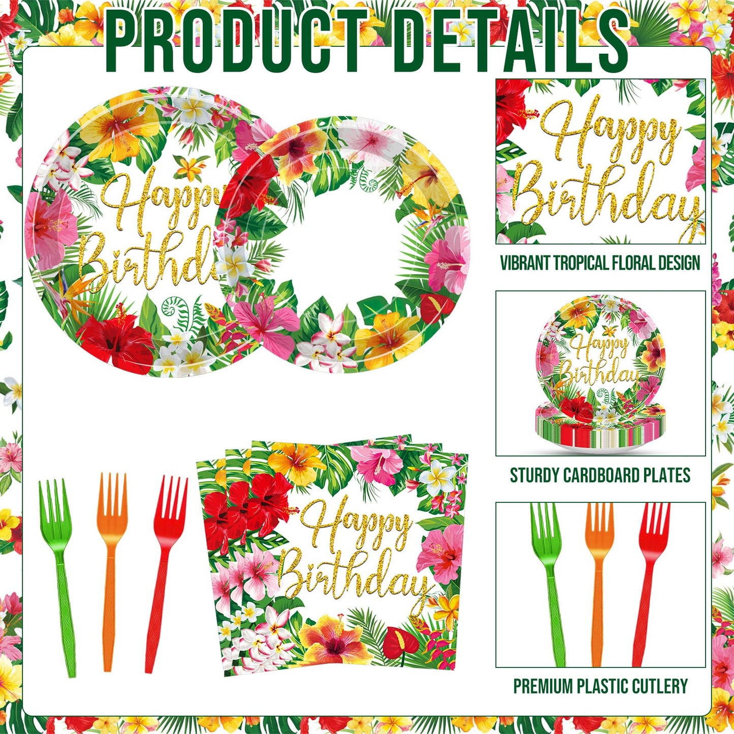 100 Pcs Tropical Happy Birthday Tableware Set, Serves 25 - Disposable Hibiscus Floral Paper Plates, Napkins, Forks, Hawaiian Aloha Party Supplies