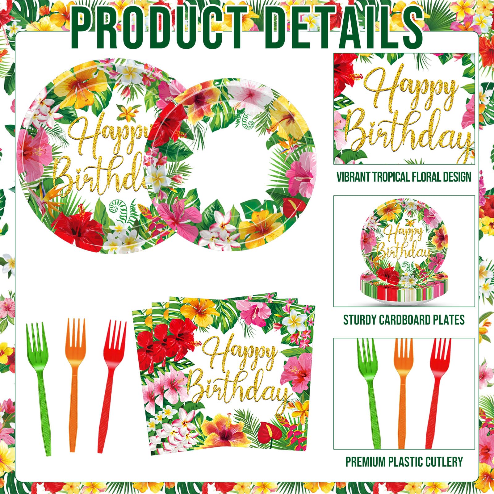 100 Pcs Tropical Happy Birthday Tableware Set, Serves 25 - Disposable Hibiscus Floral Paper Plates, Napkins, Forks, Hawaiian Aloha Party Supplies