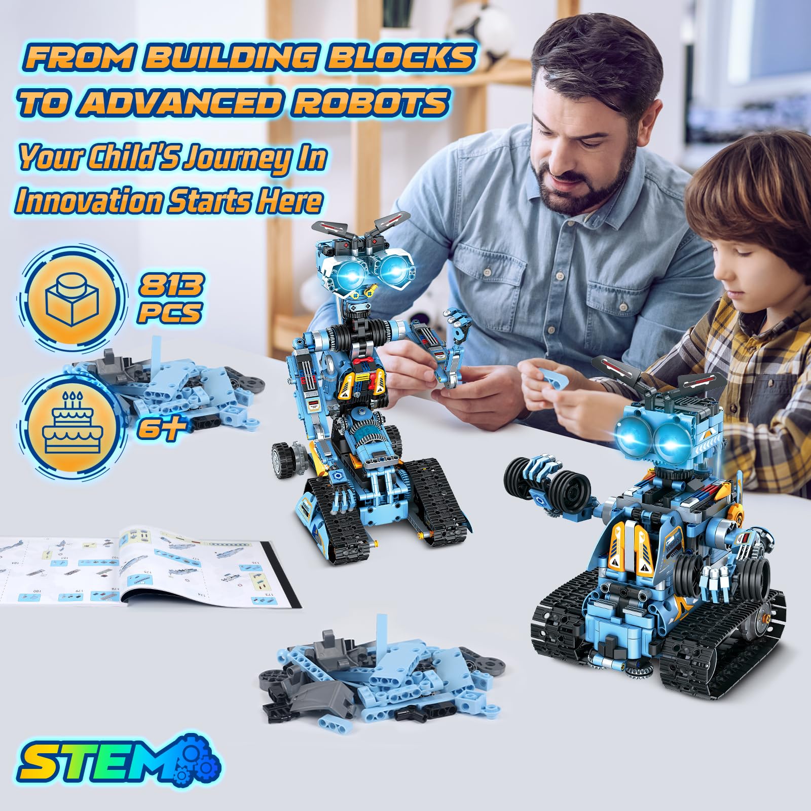 OKKIDY Robot Building Toys for Kids, 4-in-1 Rechargeable Remote Control RC Robotics STEM Building Block Kit RC Wall/Engineer Robot Toys for Boys Girls