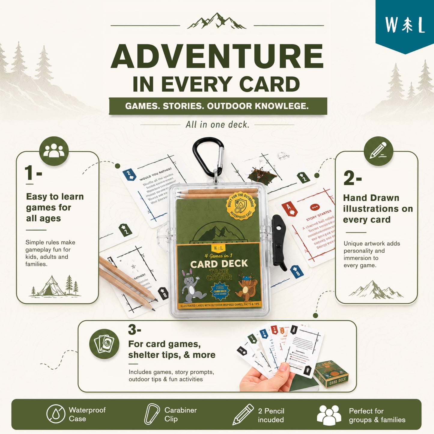 Take Cover 4-in-1 Outdoor Card Deck Game, Waterproof Playing Cards with Case & Carabiner, Camping Travel Card Game with Shelter Tips, Family Game
