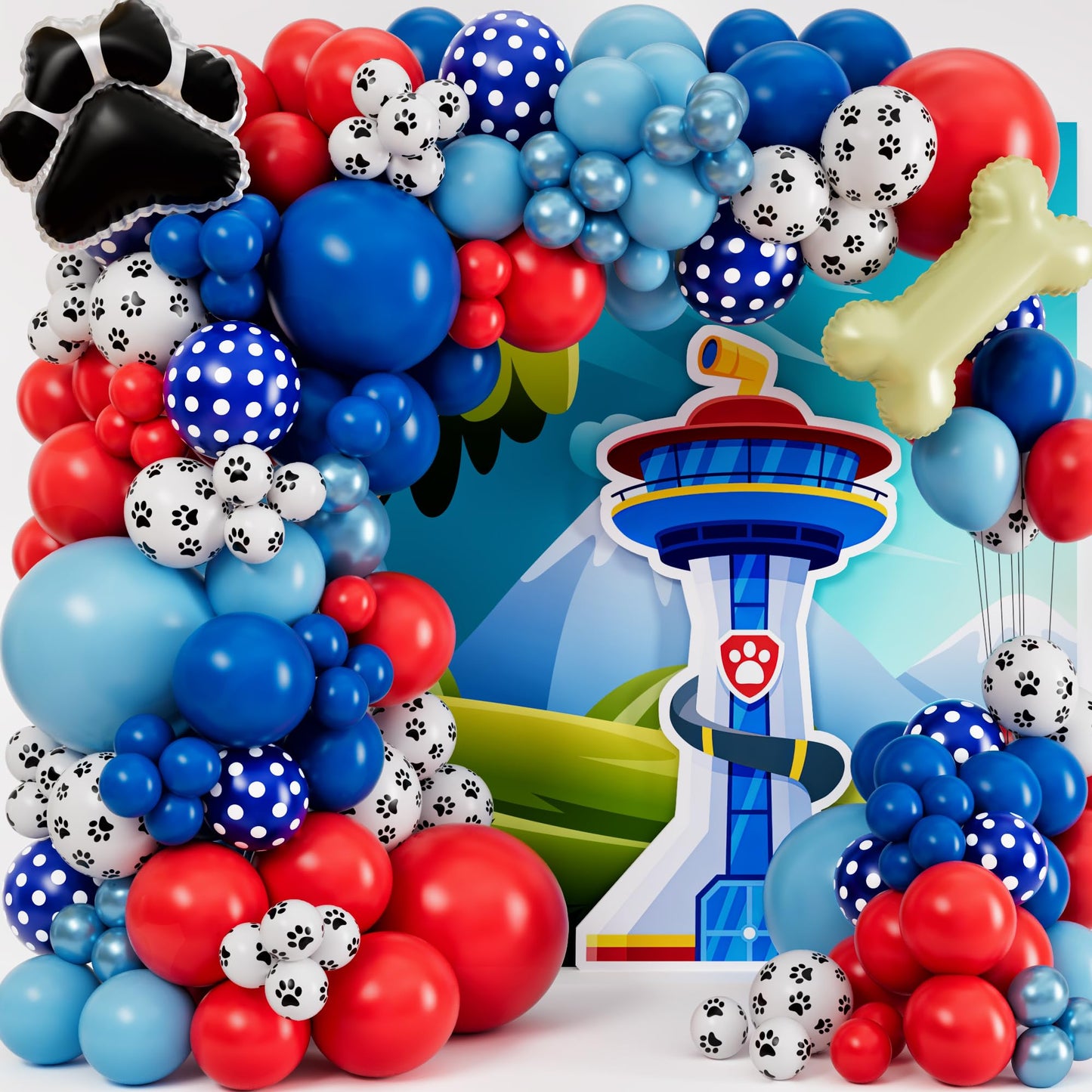 ALL-IN-1 Paw Balloon Arch & Garland Kit with BONUS Dog Bone - Small and Large Red, Dark Blue Paw Balloons - Paw Birthday Party Decorations & Supplies
