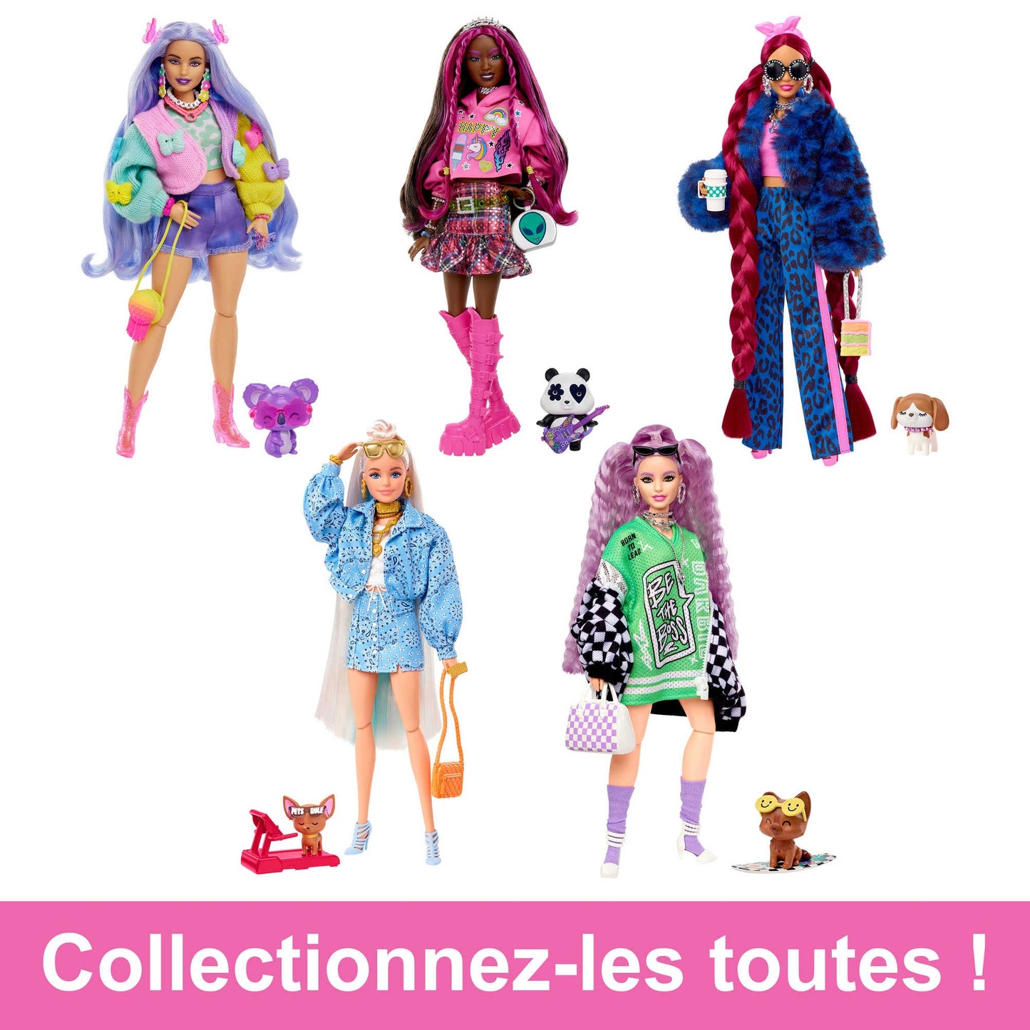 Barbie Extra Doll & Accessories with Pink-Streaked Brunette Hair in Graphic Hoodie & Plaid Skirt with Pet Panda