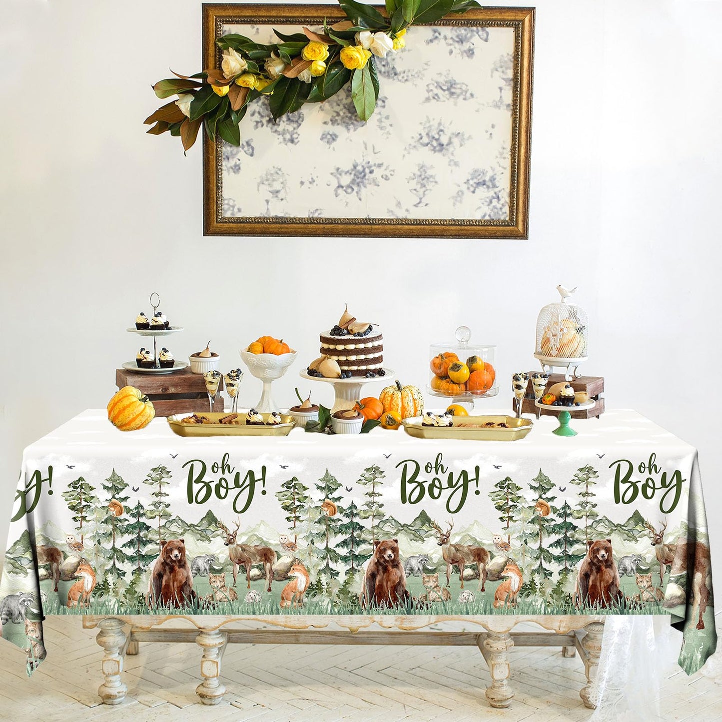 Gumwaqu Adventure Baby Shower Tablecloth,Let The Adventure Begin Supplies 3pcs Oh Boy Waterproof Woodland Forest Table Covers for Mountain Wilderness