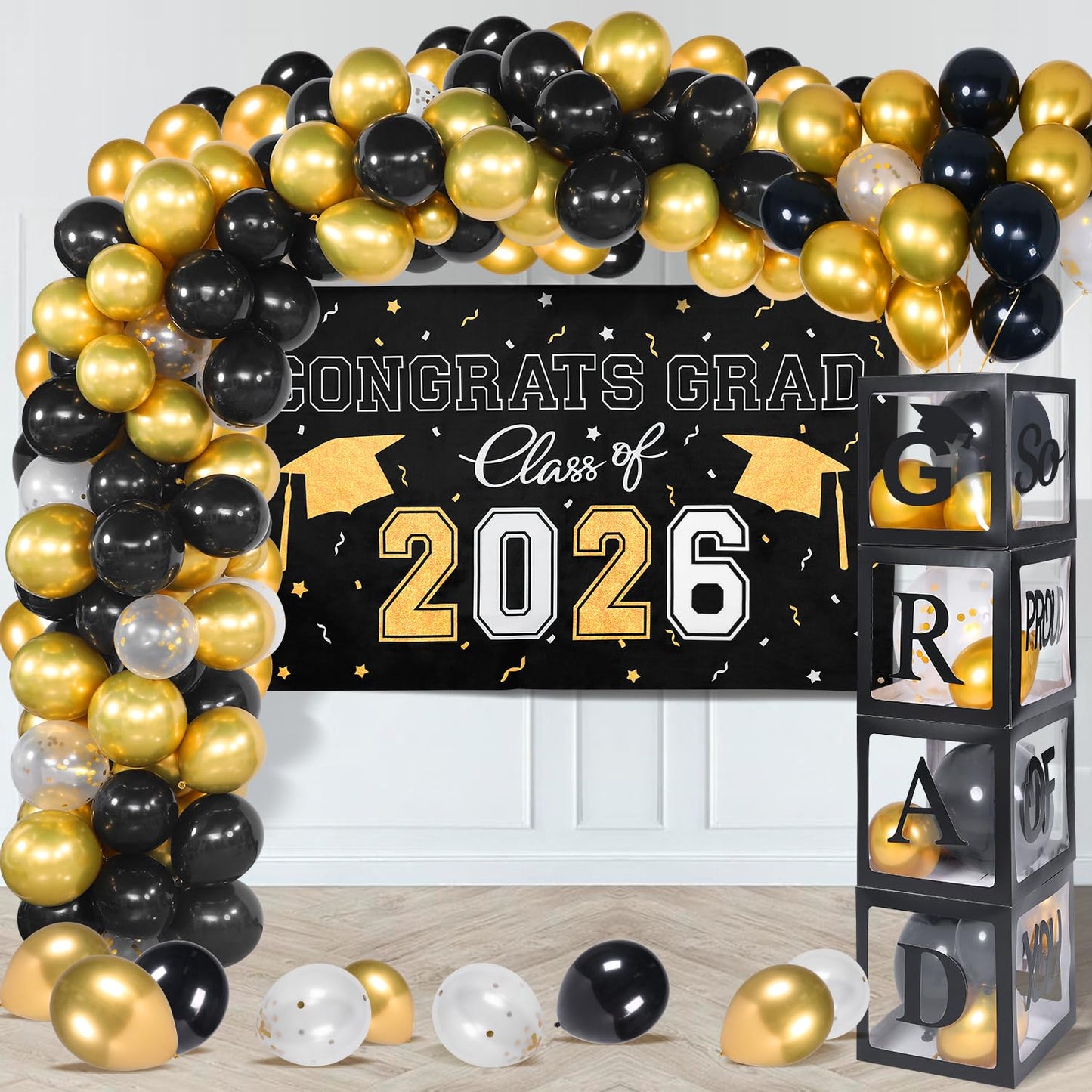 Picoway Graduation Decorations Class of 2026 ,Black and Gold Graduation Party Decorations include 4 Pcs Balloons Boxes with Letters, 110 Pcs Balloon
