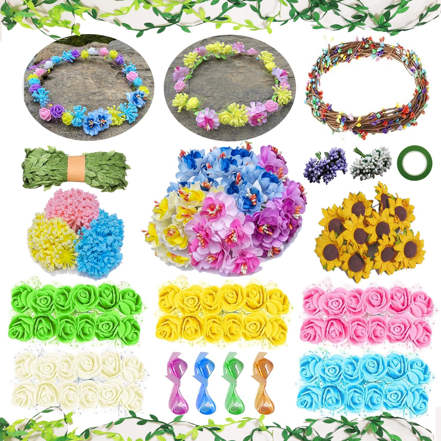 WUBOMJIO Flower Crowns Craft Kit, Make Your Own 12 PCs Floral Crowns Garland Handmade Arts and Crafts Kit, DIY Fairy Flower Headbands