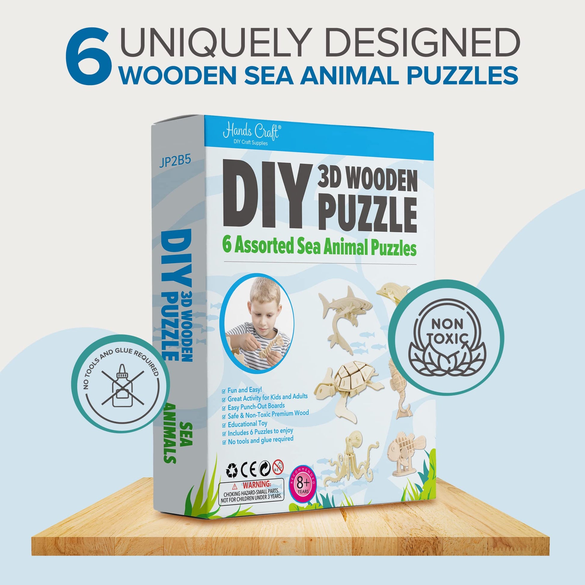 Hands Craft DIY 3D Wooden Puzzle - 6 Assorted Sea Animals Bundle Pack Set Brain Teaser Puzzles Educational STEM Toy Adults and Kids to Build Safe