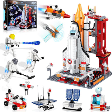 EXCOUP Space Exploration Shuttle Toys, 12-in-1 STEM Aerospace Building Kit Toy, Rocket Building Kit Toy with Launcher, Astronauts, Airplane Rocket