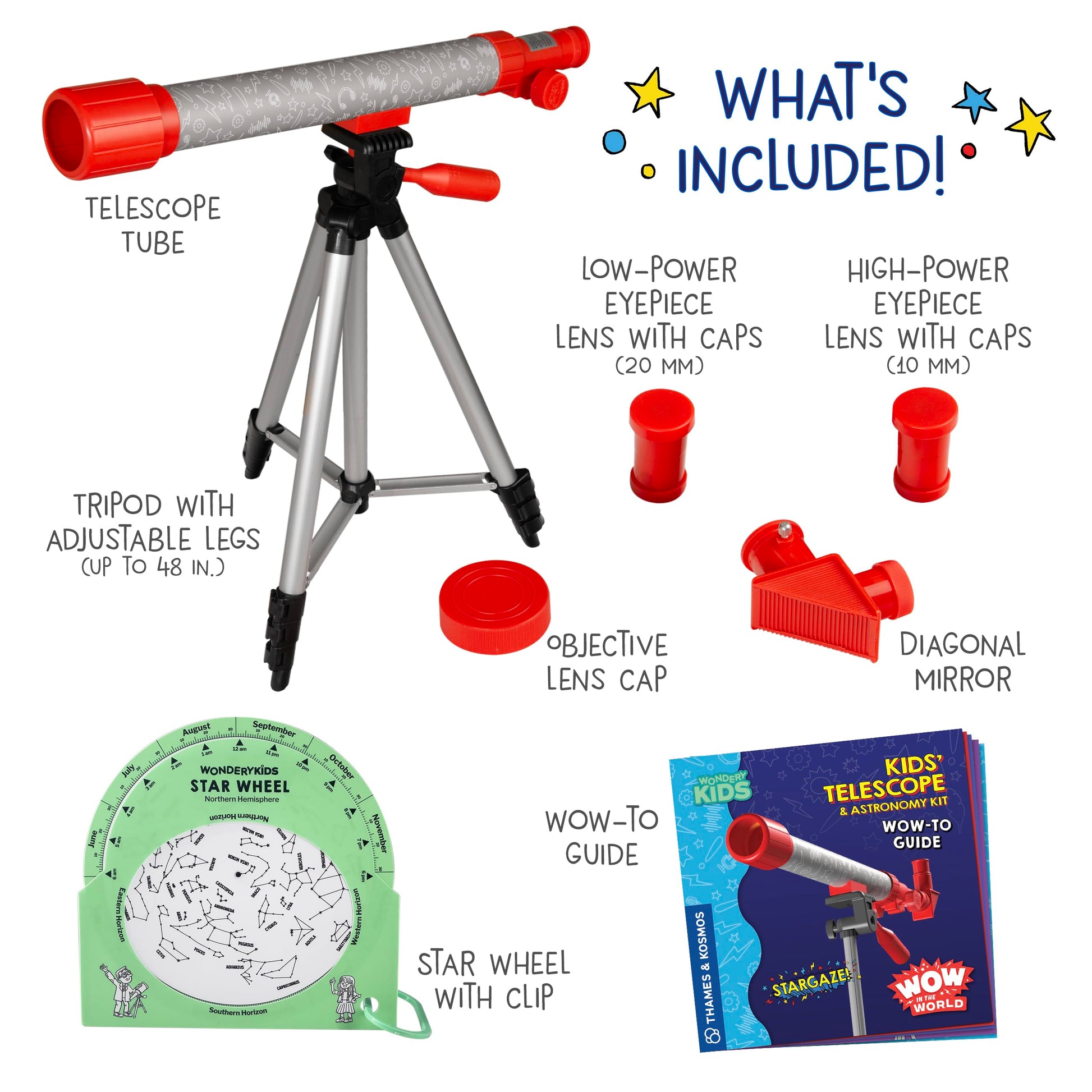 Wow in the World Kids’ Telescope & Astronomy Kit, 25x & 50x Magnification, Adjustable 48” Tripod, Includes Star Wheel & Companion Audio Content, Intro