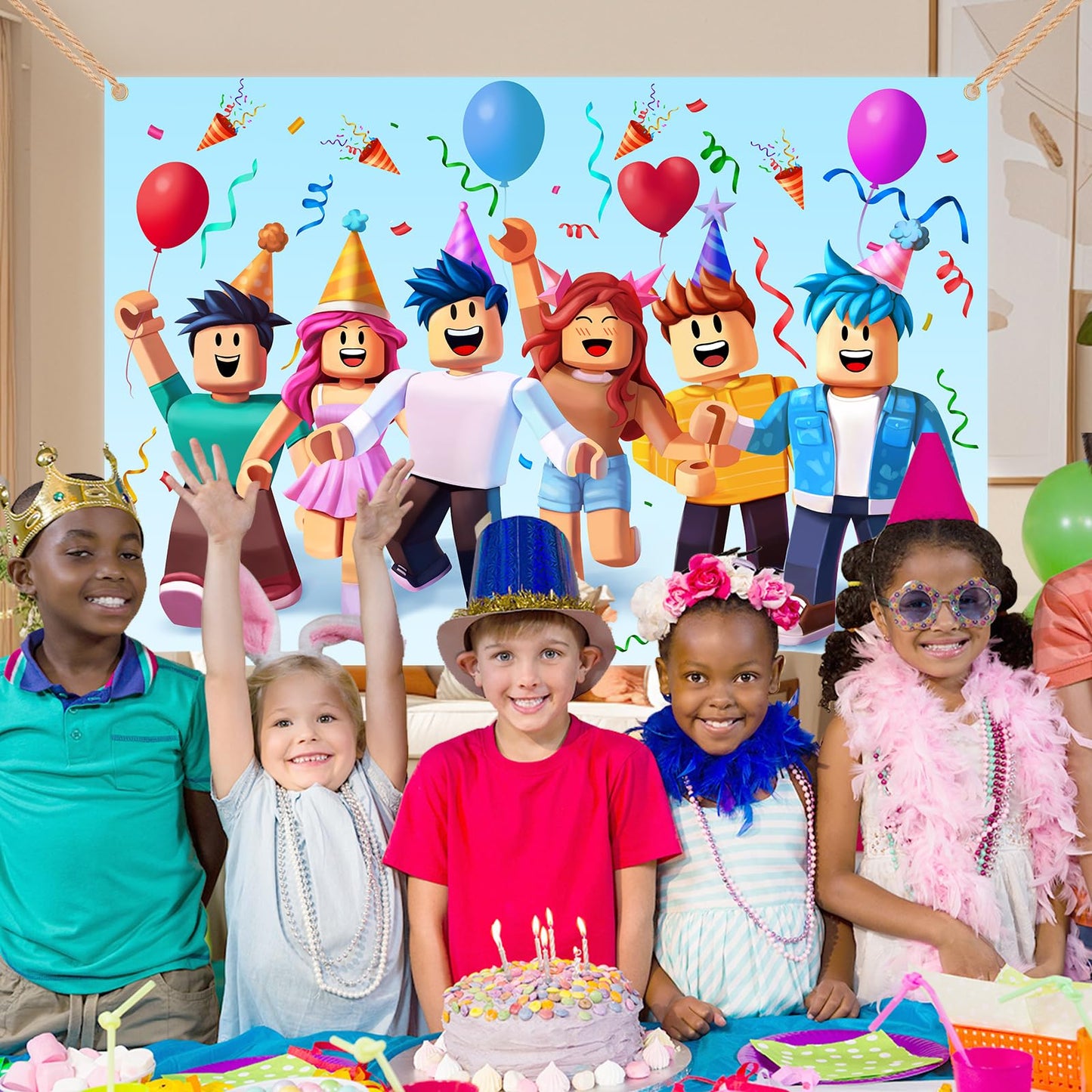 Gaming Birthday Backdrop 6x4ft, Extra Thick Fabric Photo Backdrop Banner, Cartoon Block Party Background, Reusable Cartoon Character Decoration with 4