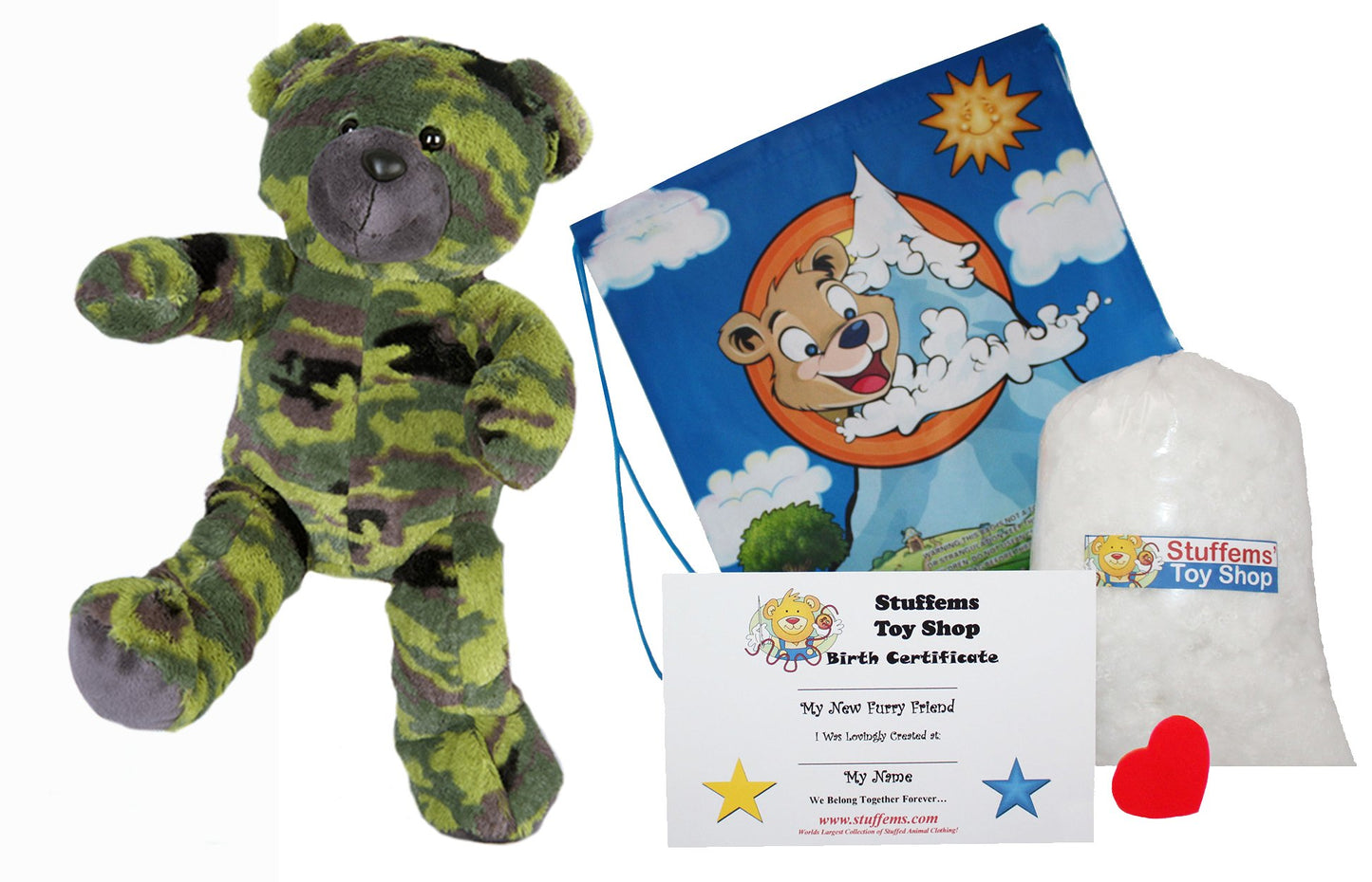 Stuffems Toy Shop Make Your Own Stuffed Animal GI Camo Bear Kit 16"- No Sew - Kit with Cute Backpack!